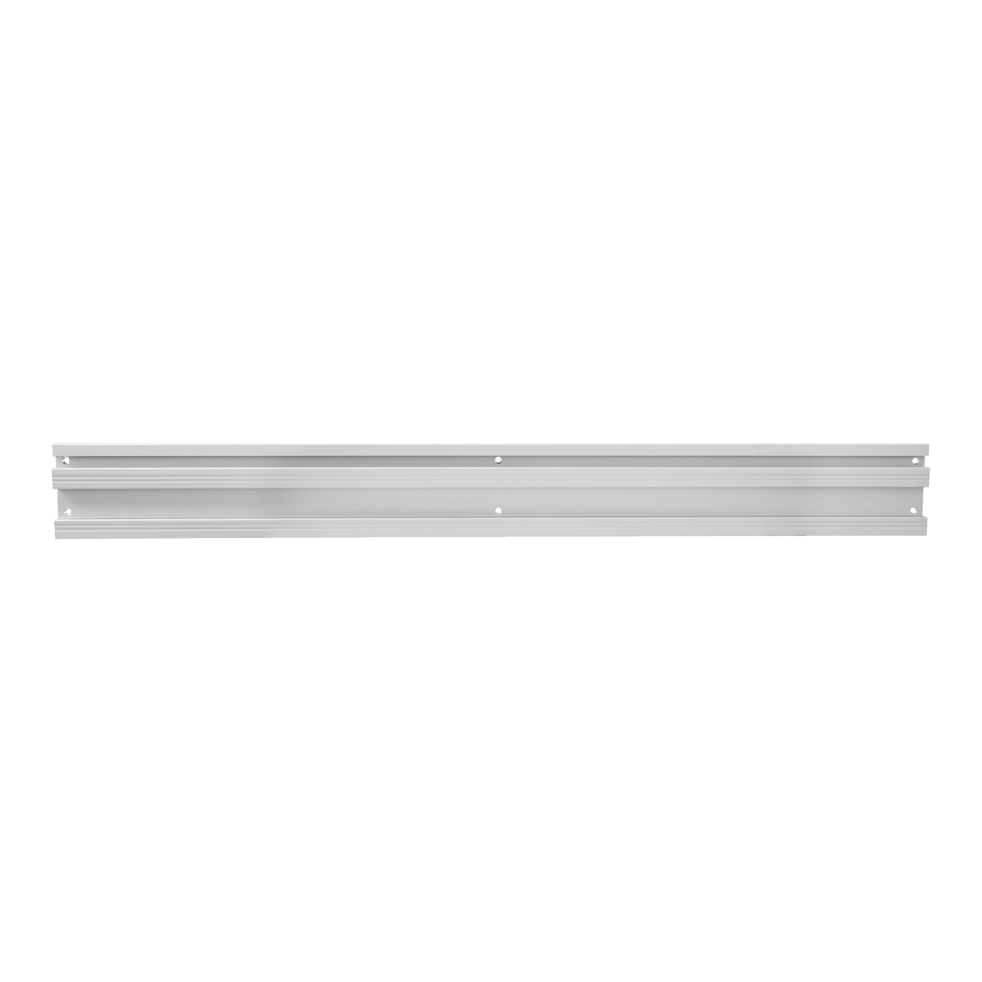 En silverfärgad metallverktygsrail från Hard Head, designad horisontellt med fyra jämnt fördelade monteringshål för säker fäste och hängande stöd. Railen har en slät finish med två parallella räfflade spår längs dess längd.