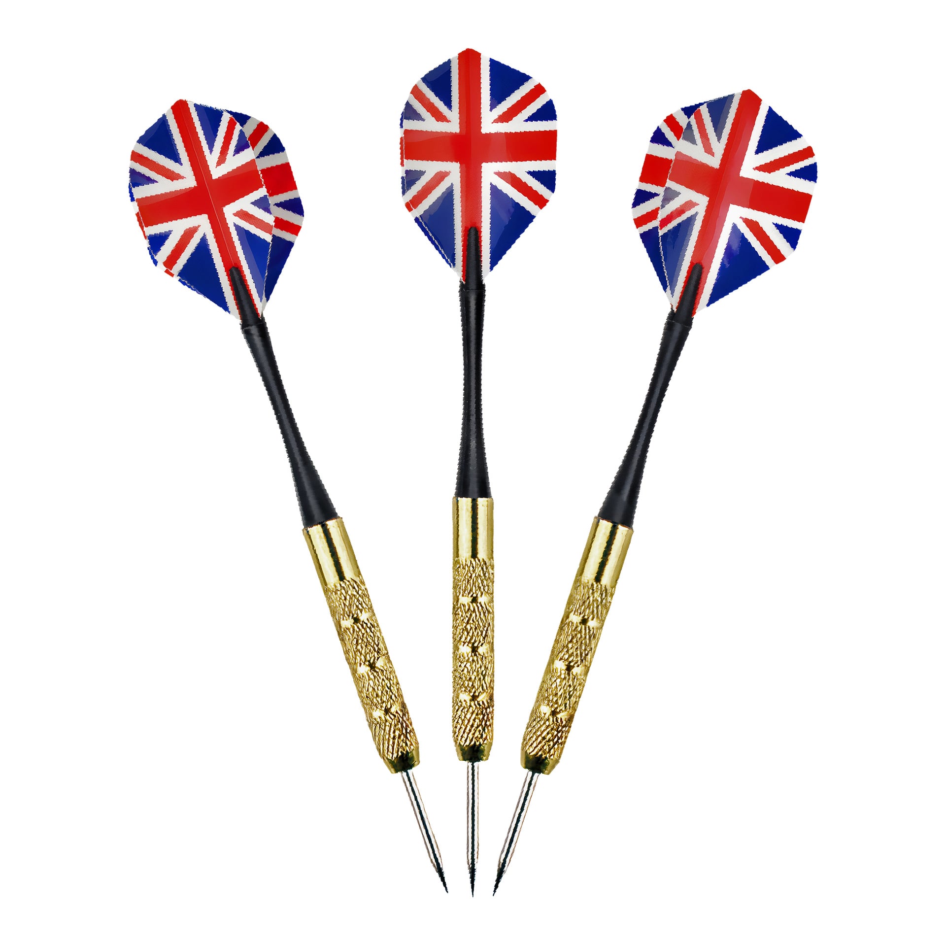 Tre Kayoba-pilar från trepacket står upprätt och visar guldfärgade grepp och flygningar med Union Jack-flaggmönster.