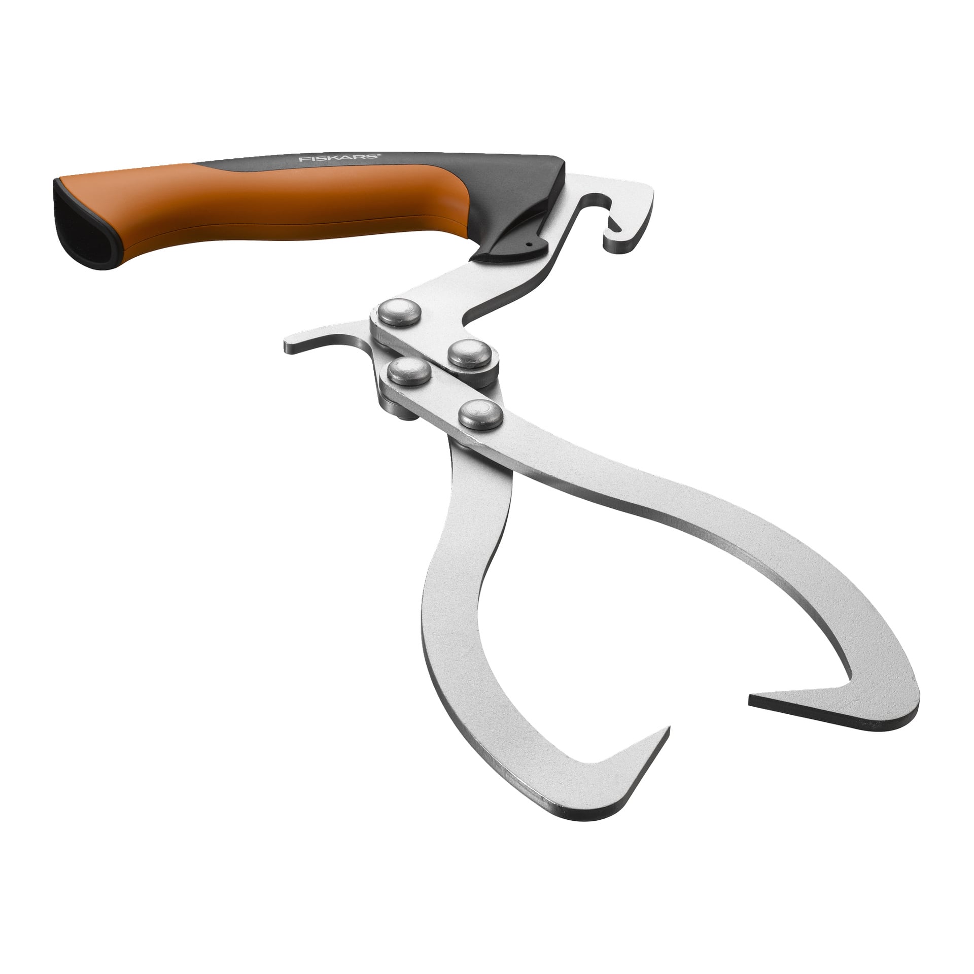 Lyftverktyg för stockar i metall med Fiskars-märke, orange och svart handtag, böjda klokäftar och tre vridpunkter.
