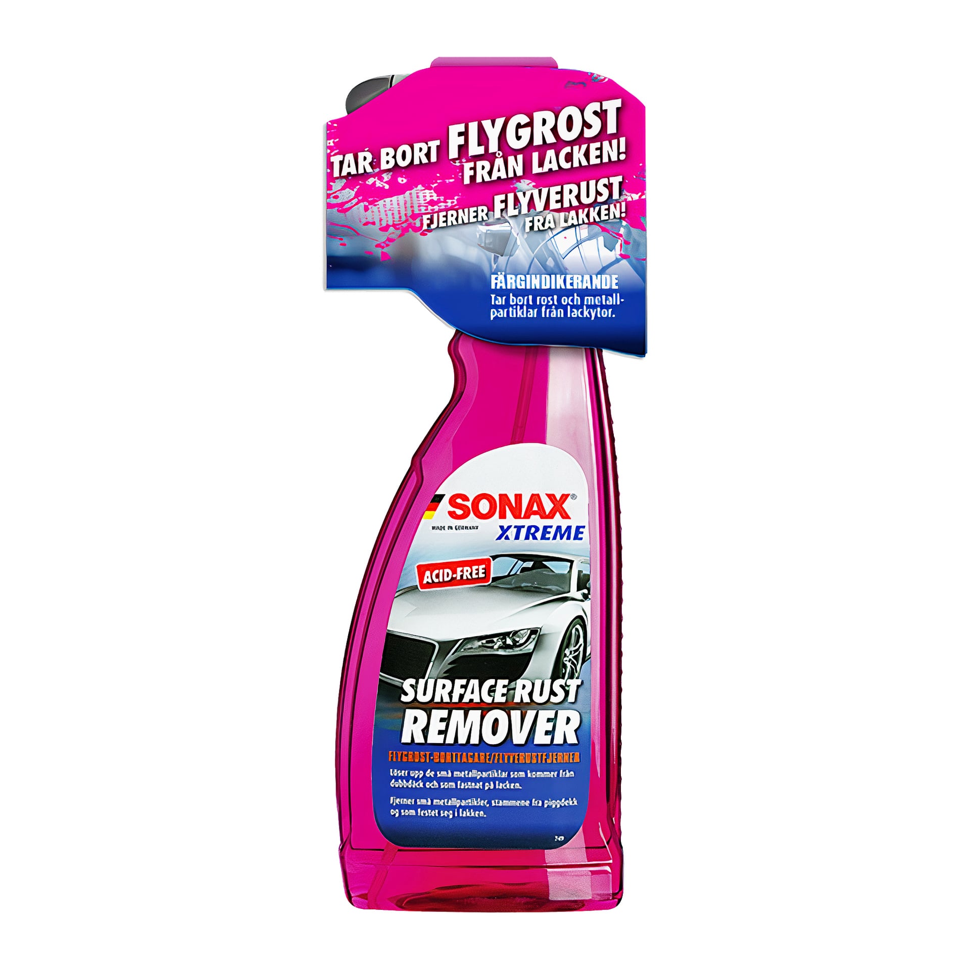 En rosa sprayflaska märkt Sonax Rust Remover Xtreme Surface Rust Remover, med en bilbild tillsammans med produktinformation och instruktioner. Förpackningen visar att den är syrafri och effektivt tar bort ytrost.
