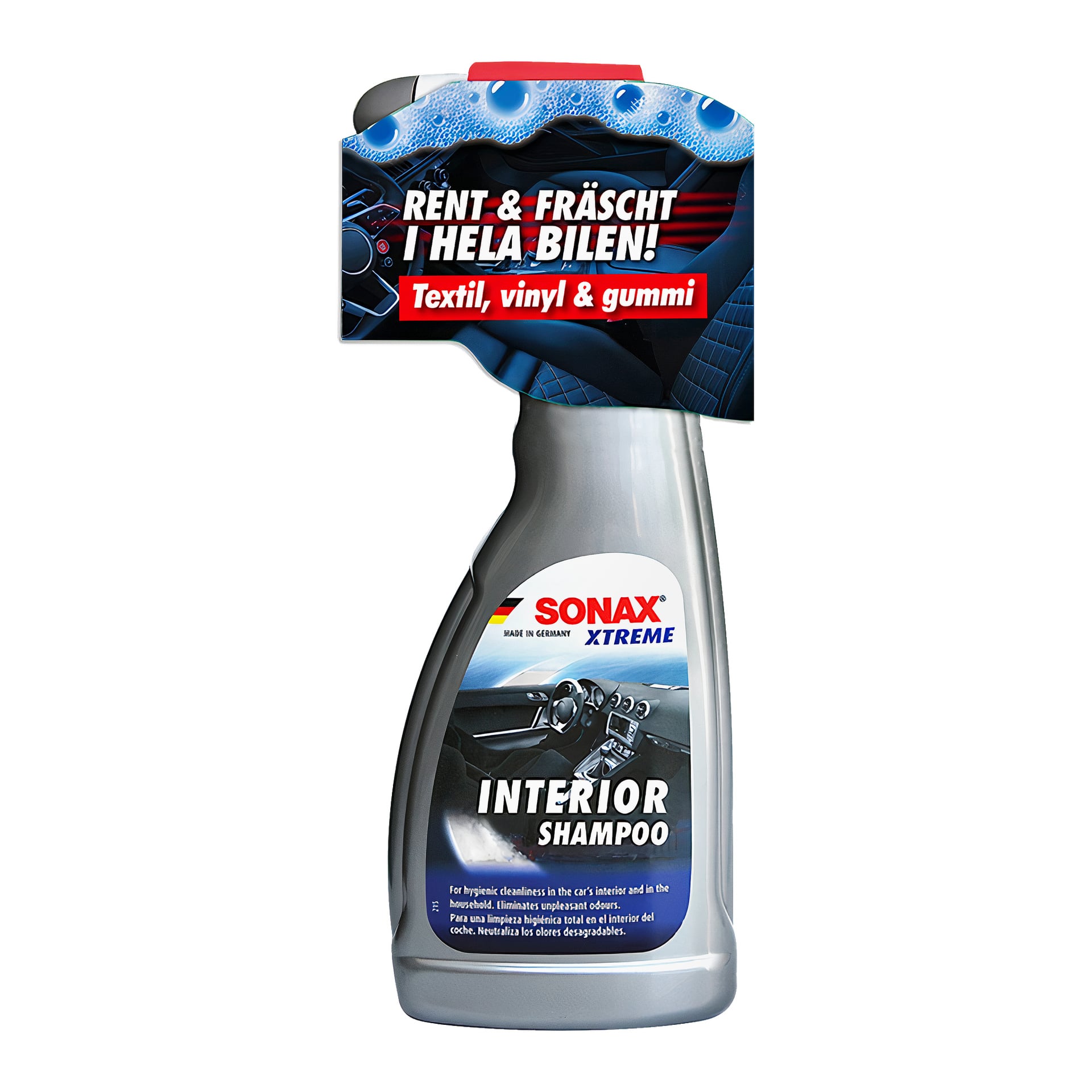 En grå sprayflaska Sonax Xtreme Interior Shampoo, gjord för att rengöra textilier, vinyl och gummiytor inomhus i bilar. Etiketten innehåller produktinformation och flaskan är utrustad med ett utlösarmunstycke.