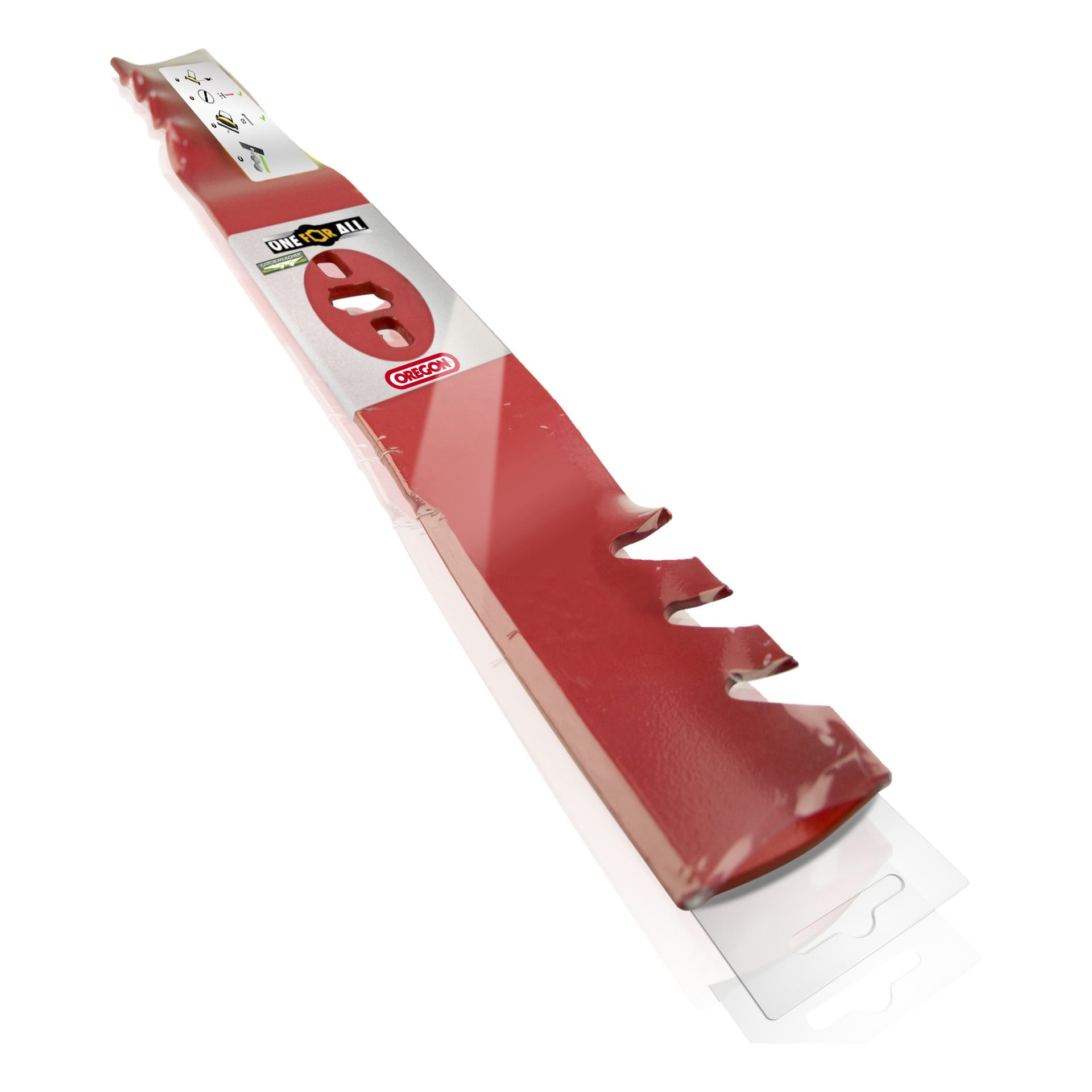 Ett rött metallblad från Gator Mulcher-klipparen med taggiga kanter visas inuti transparent förpackning. Etiketten visar Oregon-varumärket tillsammans med flera instruktionsikoner.