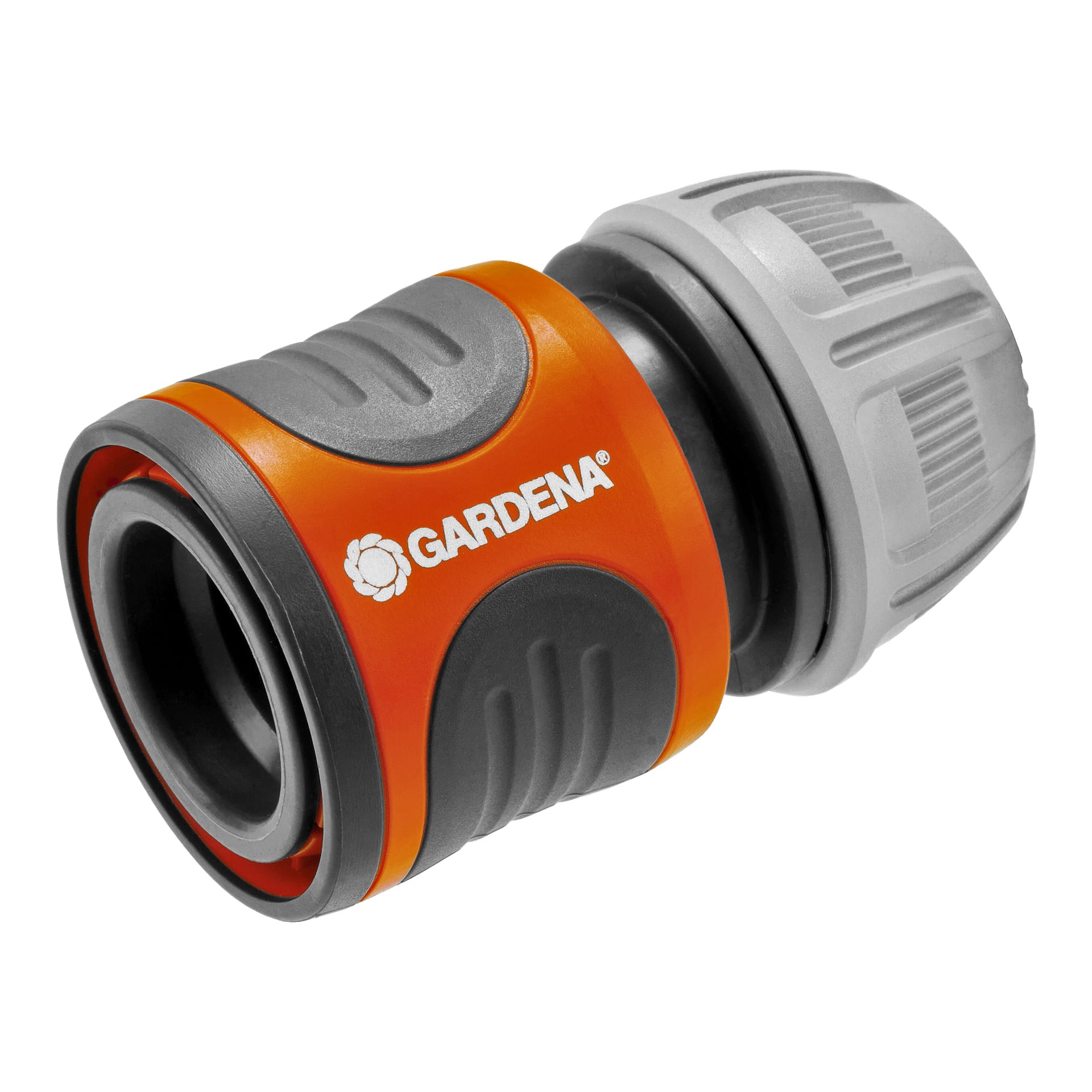 En detaljerad vy av en Gardena Classic slangkoppling i orange, grått och svart, med Gardena-logotypen på sidan. Kontakten är avsedd för att ansluta trädgårdsslangar.