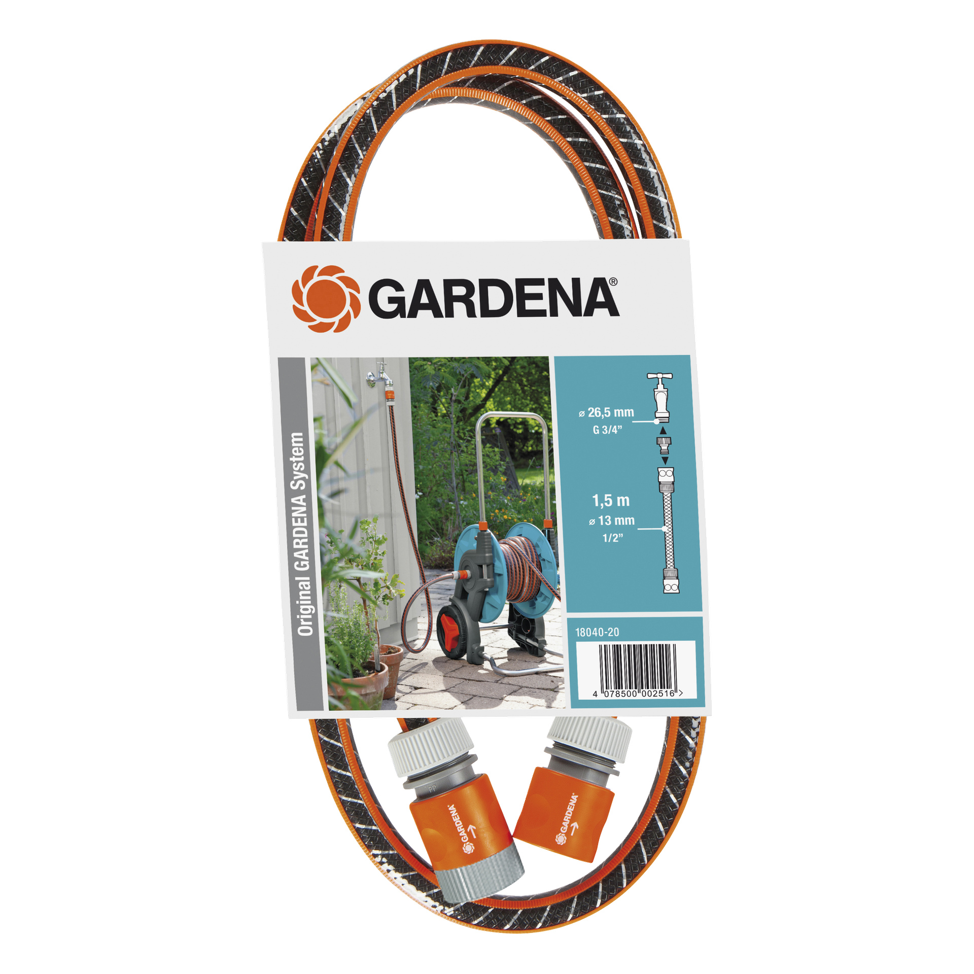 Zwinięty wąż łączący Gardena Comfort Flex z kołowrotkiem węża, dwoma złączami oraz schematem pokazującym specyfikację rozmiaru i punkty połączenia.