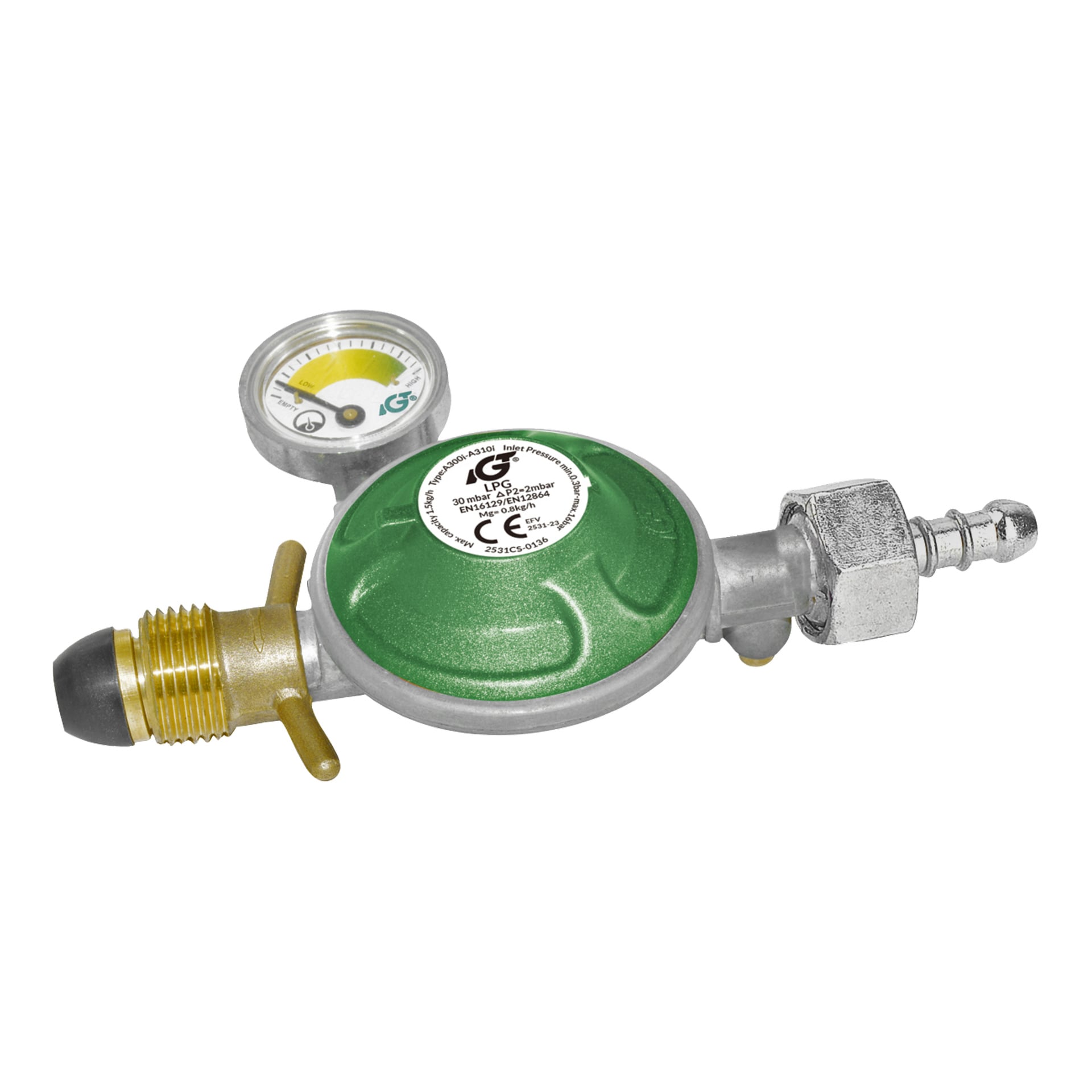 Närbild på en LPG-gasregulator med grön topp, vänster tryckmätare, messingskontakt, höger metallslanganslutning och en märkt ratt.