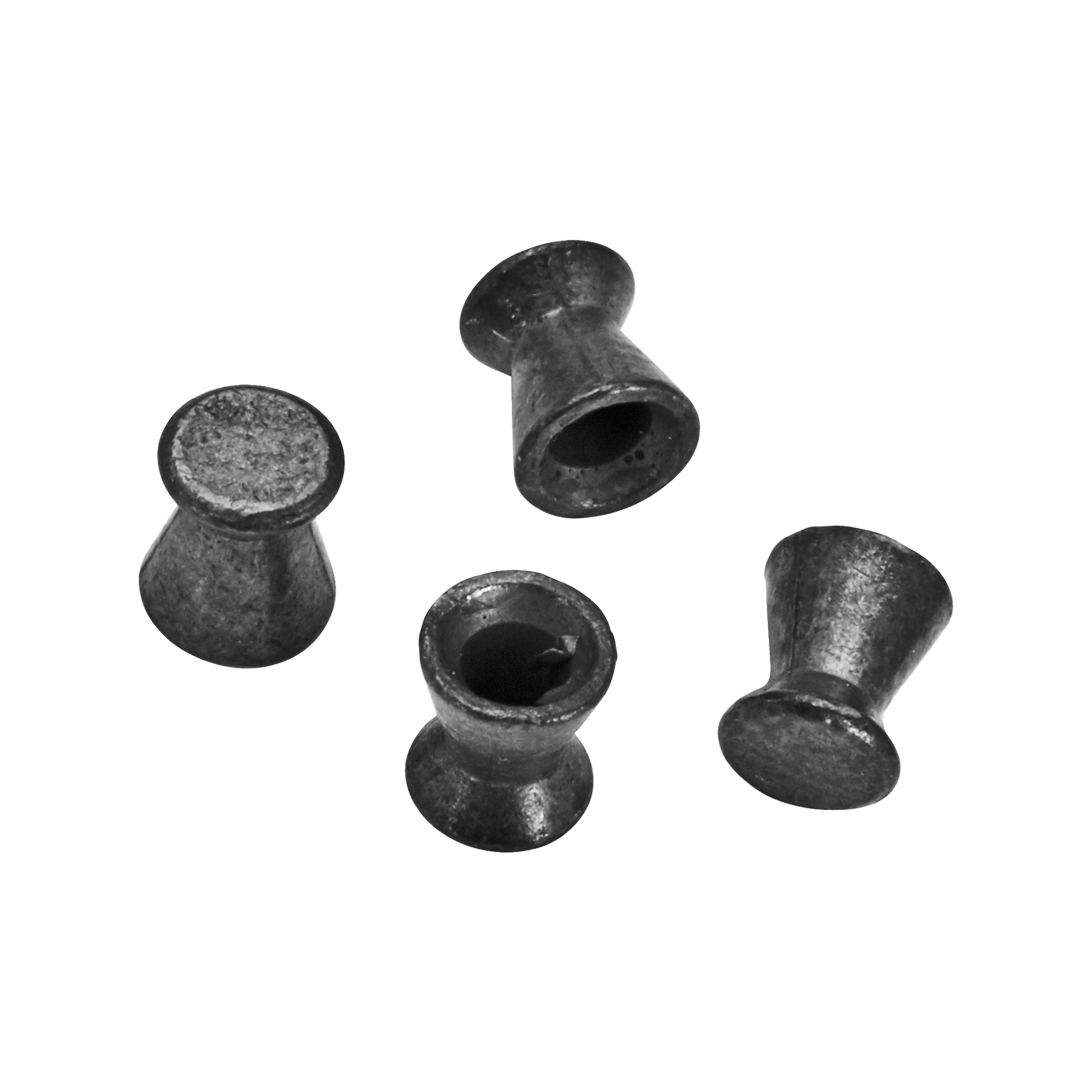 Fyra metalliska Kayoba luftgevärskulor från Airgun Pellets 250 Pack är placerade sida vid sida. Varje kula har en cylindrisk kropp, platt huvud och en ihålig kjol typiskt för .177 kaliber luftgevärsammunition.