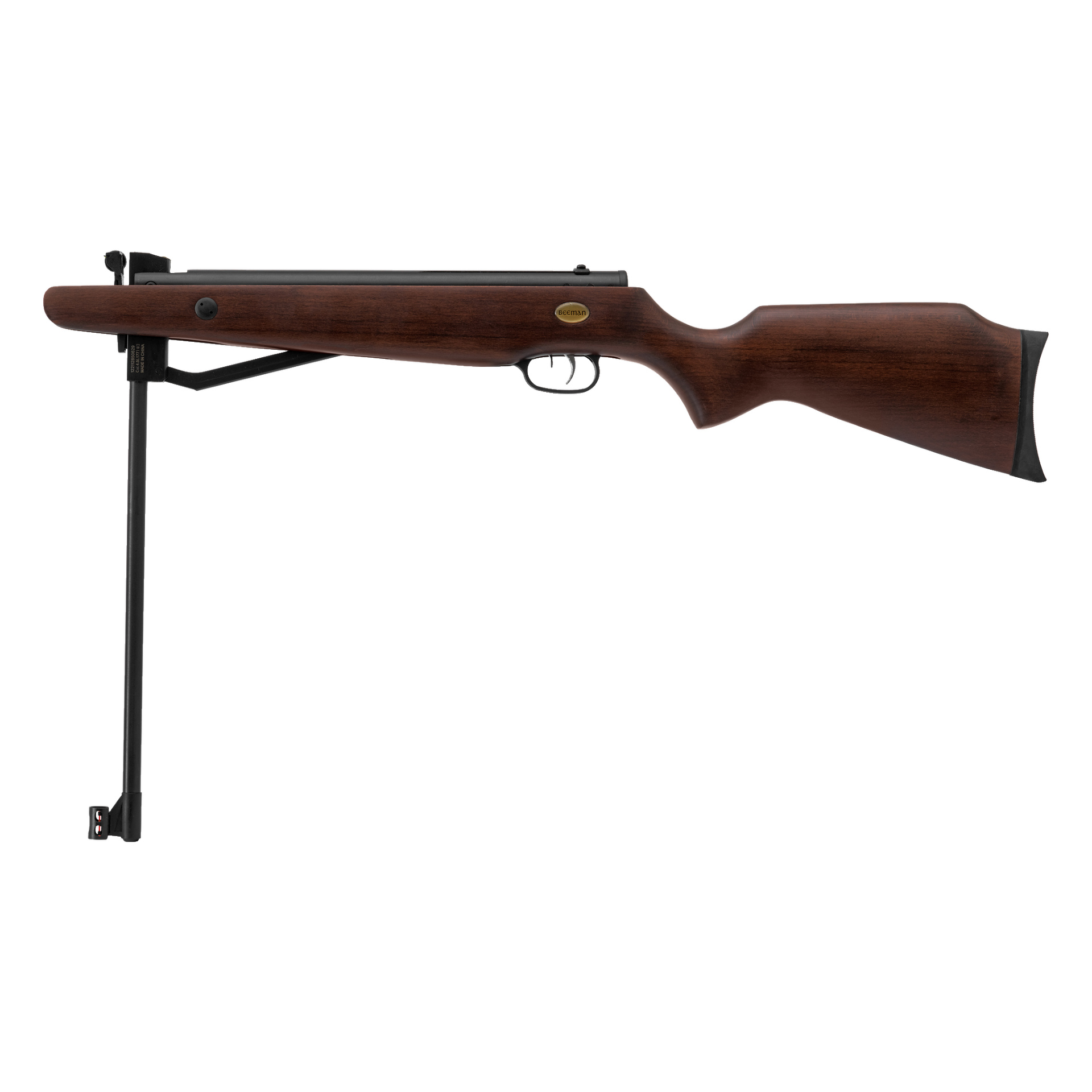 Sidovy av ett Beeman RS2 luftgevär utrustat med kikarsikte, med en träkolv, svart pipa och en förlängd spännspak under pipan.
