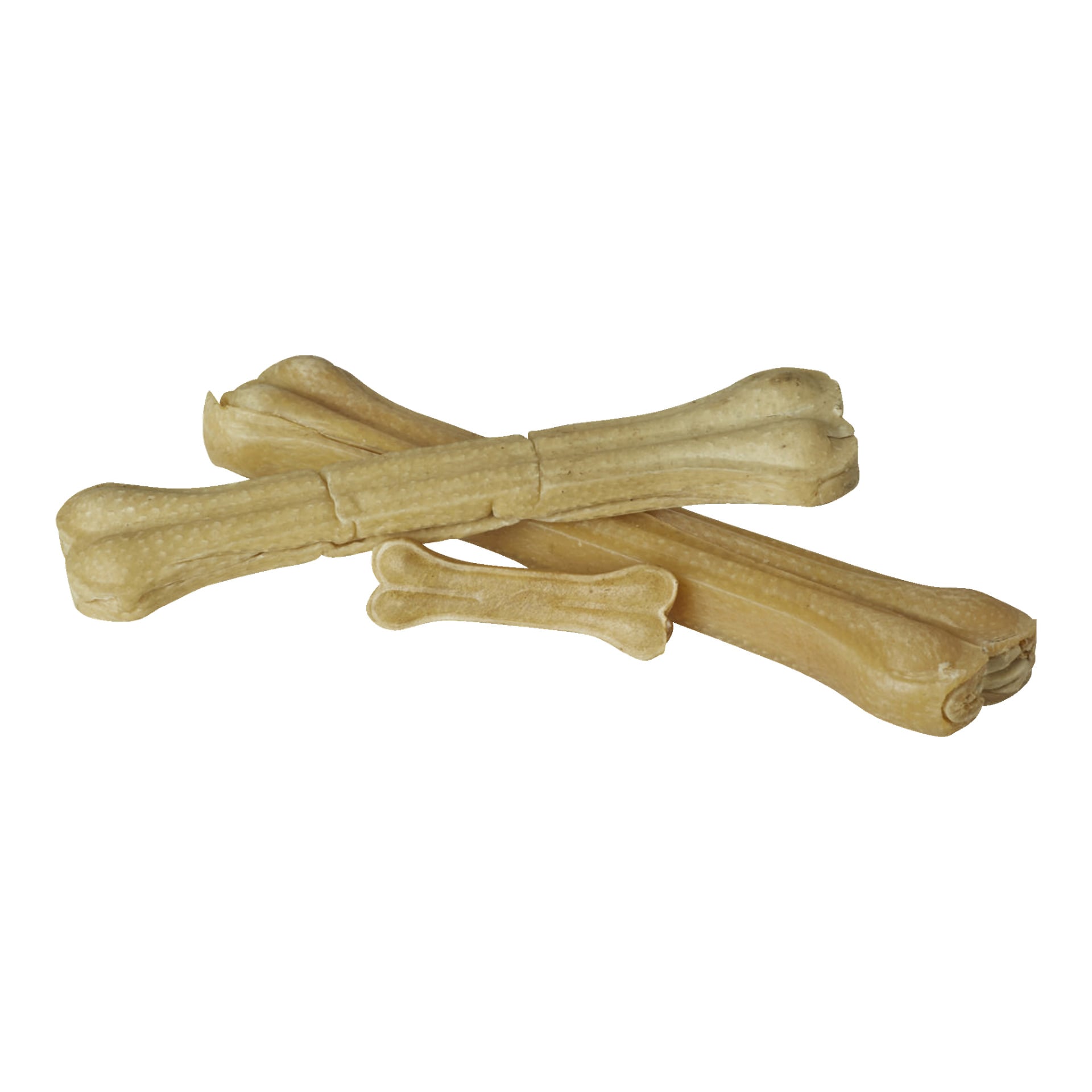 Tre beige Petcare Chewing Bones med knutar i varje ände och släta ytor är staplade. Benen varierar i storlek.
