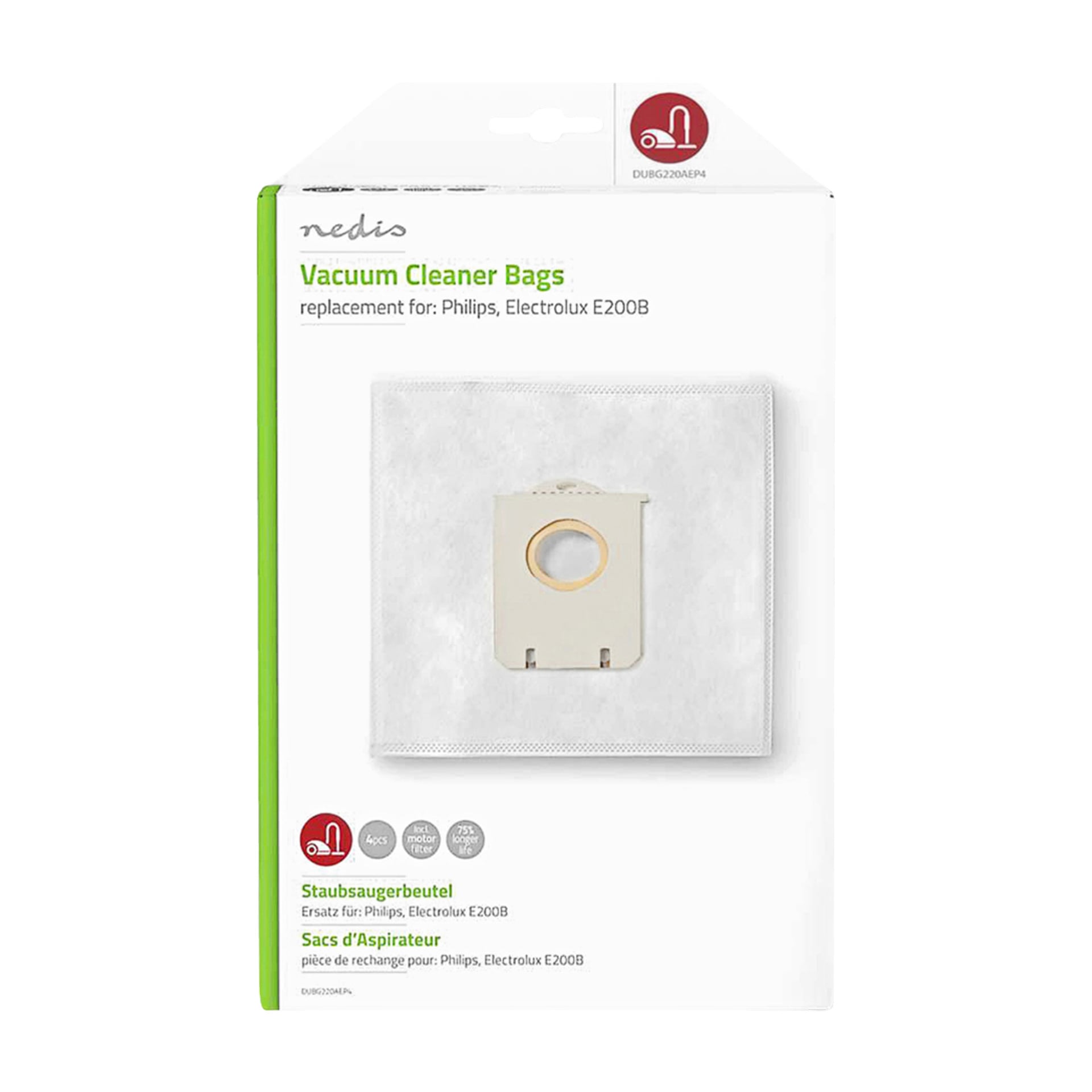 En låda med Nedis dammsugarpåsar, designade som alternativ till S-bag® och lämpliga för Philips- och Electrolux E200B-modeller. Förpackningen visar en bild på en vakuumpåse och visar produktinformation på flera språk.