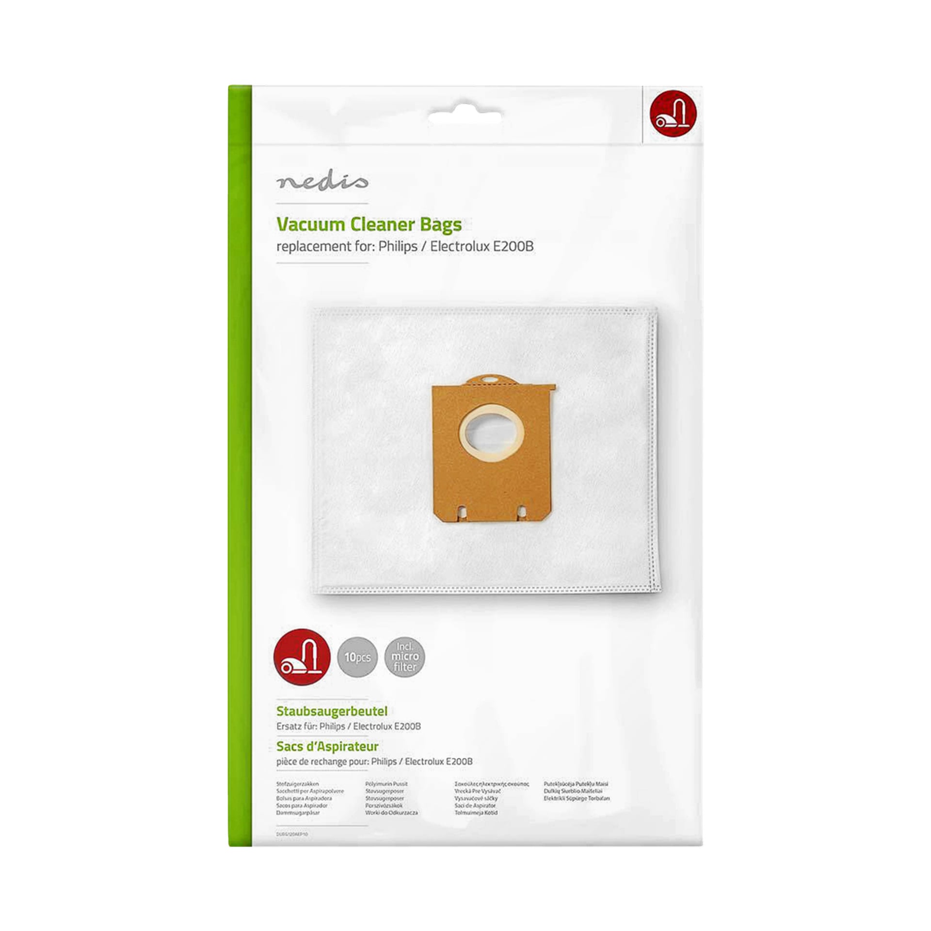 En låda med Nedis dammsugarpåsar kompatibla med Philips och Electrolux S-bag® E200B-modeller, med en bild på en påse med kartongkrage. Förpackningen anger att den innehåller 10 påsar och anger produktdetaljer.