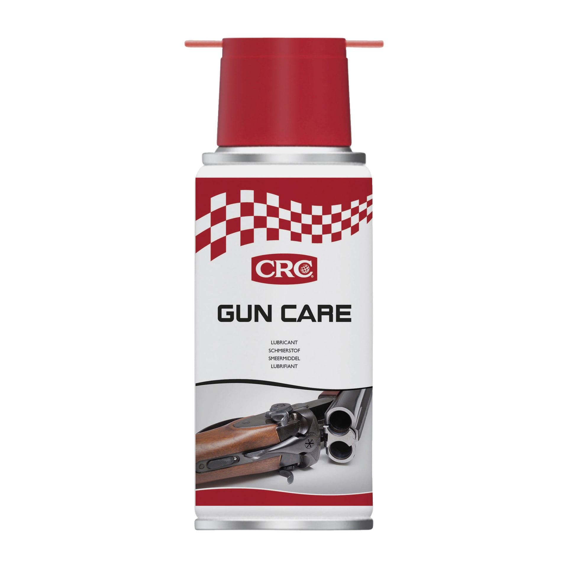 En burk CRC Weapon Oil med röd lock, med CRC-märkets vita och röda rutiga etikett och en bild av ett dubbelpipigt hagelgevär på framsidan; Etiketten innehåller olika produktinformation.