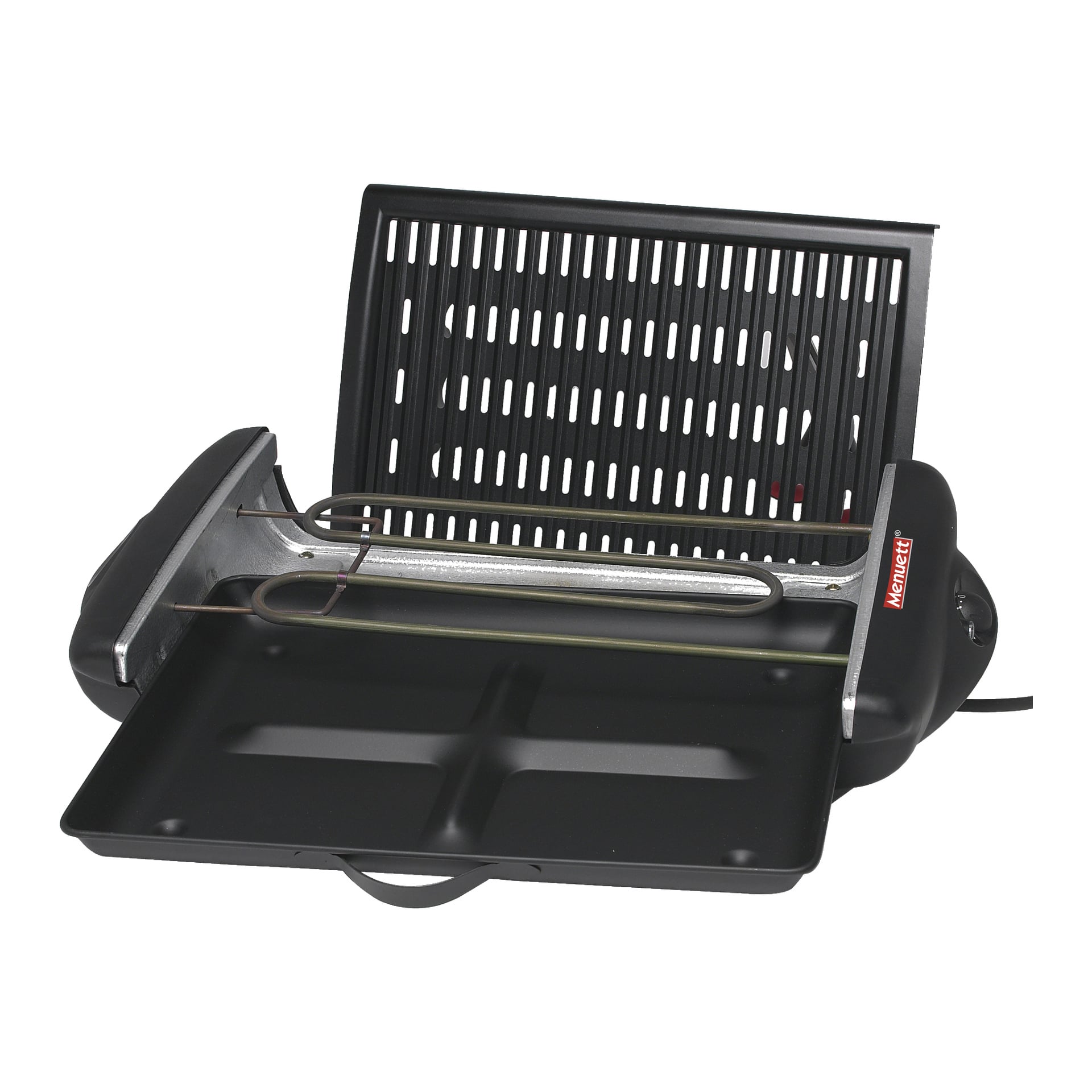 Menuett Table-grillen KYS-868A har en modern svart rektangulär form med en röd märkesetikett på sidan. Bilden visar grillen med locket öppet, vilket exponerar värmeelementet, en droppbricka under och gallret lyfts upp på gångjärnet.