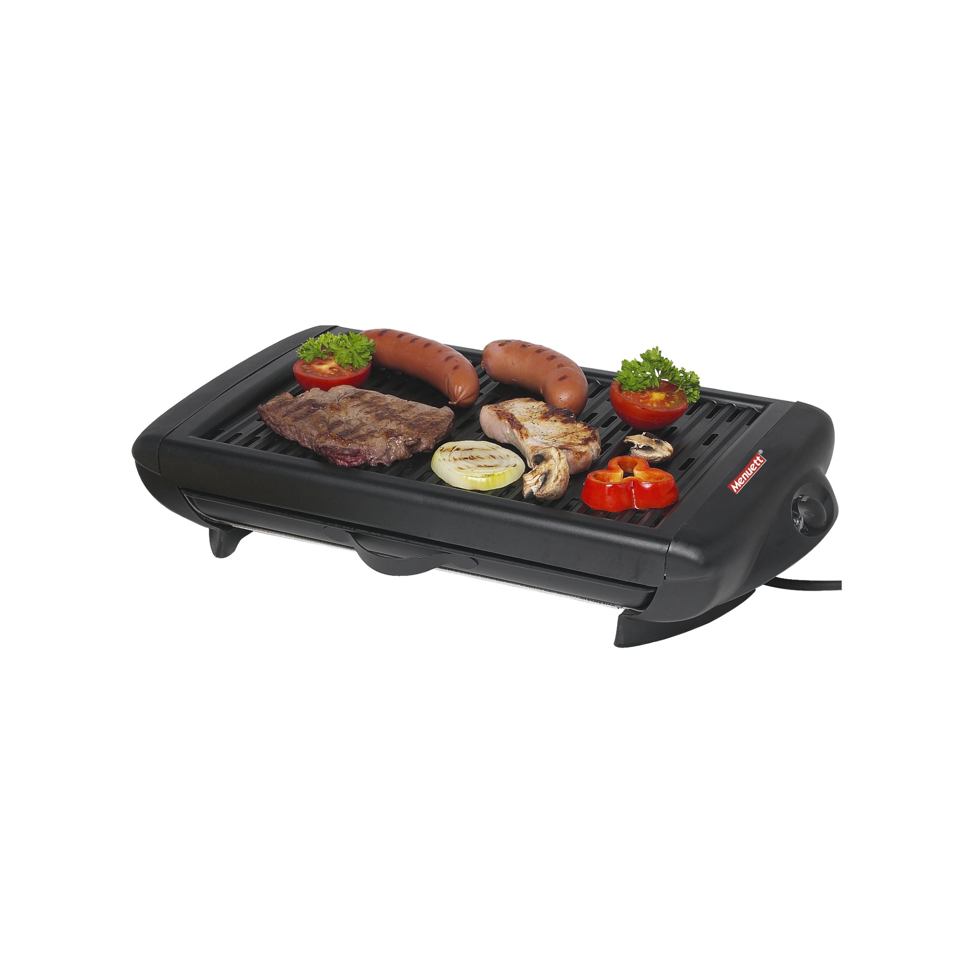 En svart Menuett Table-grill KYS-868A visas inkopplad, med två korvar, en biff, en bit kyckling, grillade lökringar, halverade tomater, svamp och skivad paprika som tillagas på dess uppvärmda yta.
