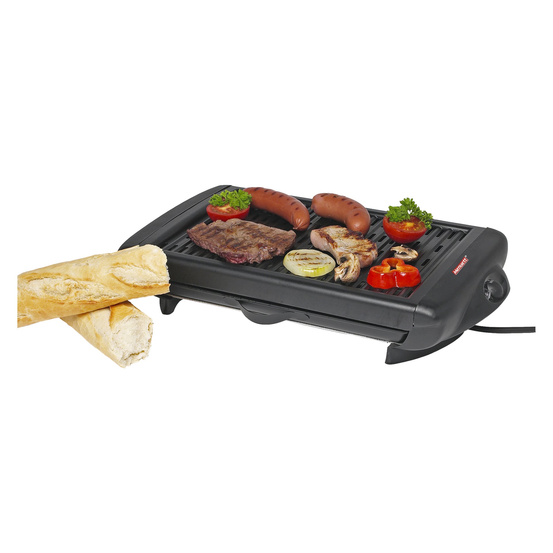 En inkopplad Menuett Table grill KYS-868A med en slank svart finish grillar korvar, biff, lök, svamp, paprikor och tomater. Två skivor franskt bröd står i förgrunden.