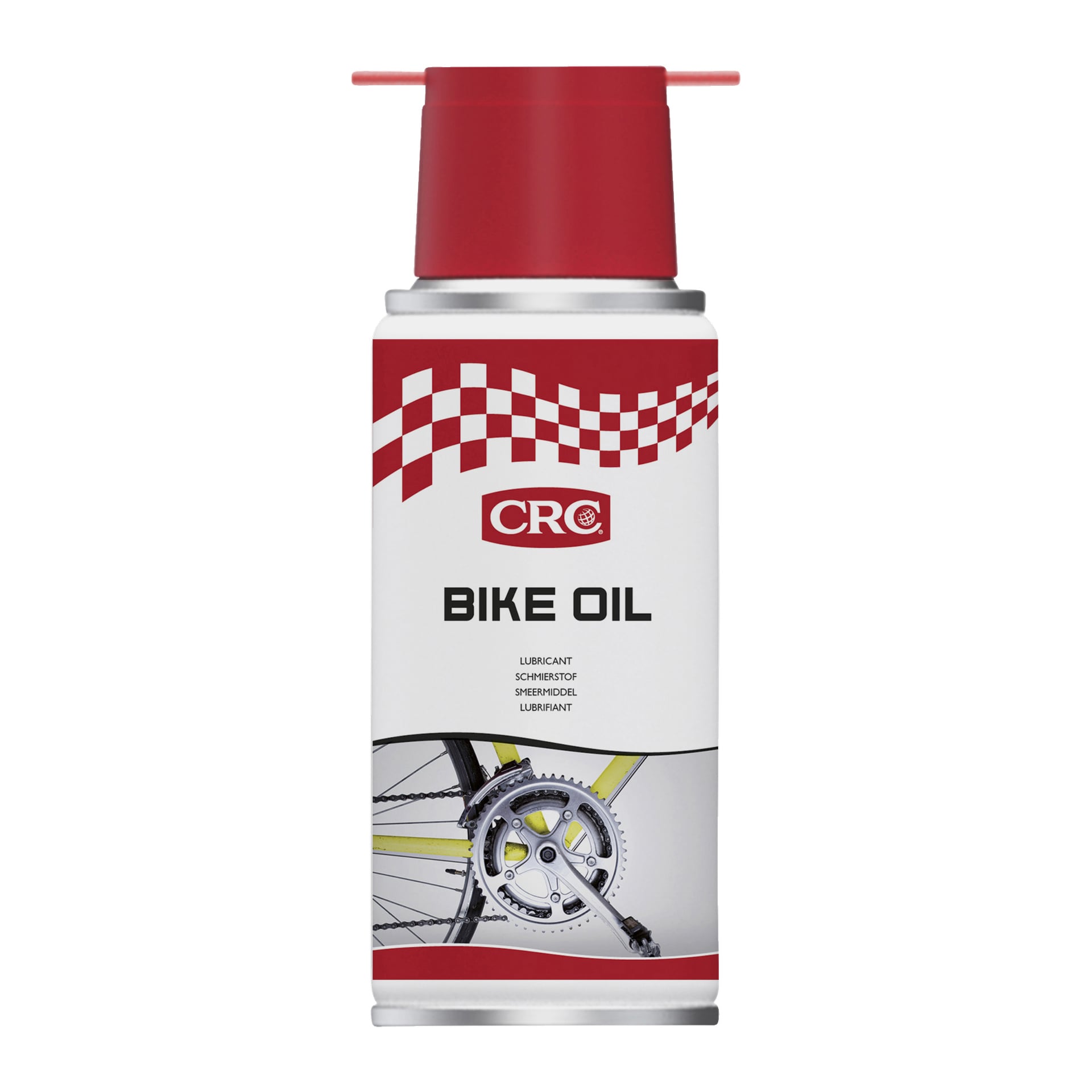 En burk CRC Cycle Oil med ett rött och vitt rutmönster, CRC-loggan och en detaljerad bild som visar cykelutrustning och kedja. Etiketten lyder Cykelolja och smörjmedel.