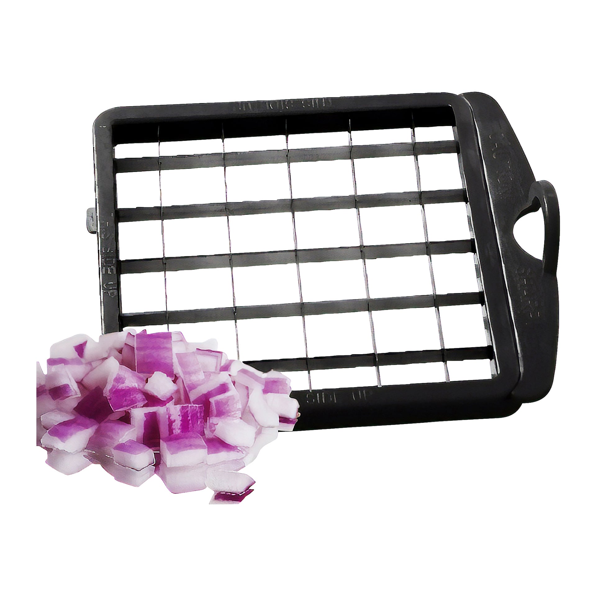 Menuett Multi-chopper jest pokazany obok kopca posiekanych czerwonych cebul; urządzenie ma czarną siatkę z kwadratowymi otworami.