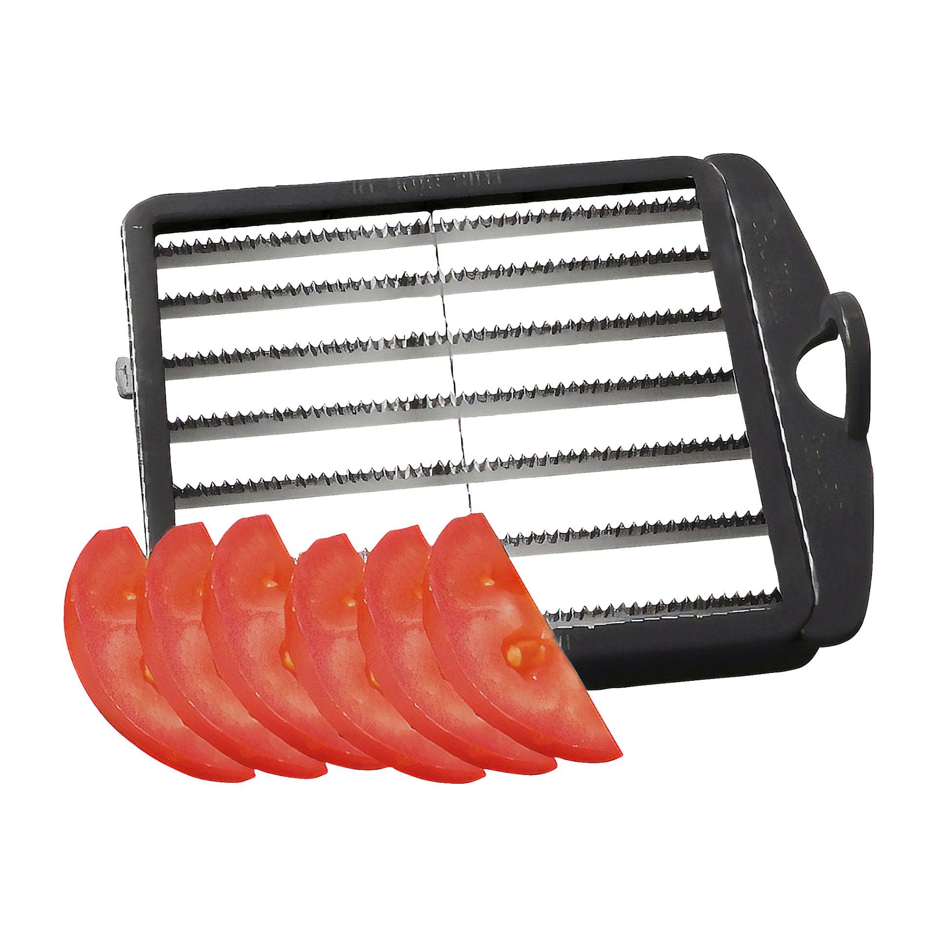 Menuett Multi-chopper stoi za sześcioma starannie pokrojonymi kawałkami pomidora, z widocznymi wieloma równoległymi ostrzami.