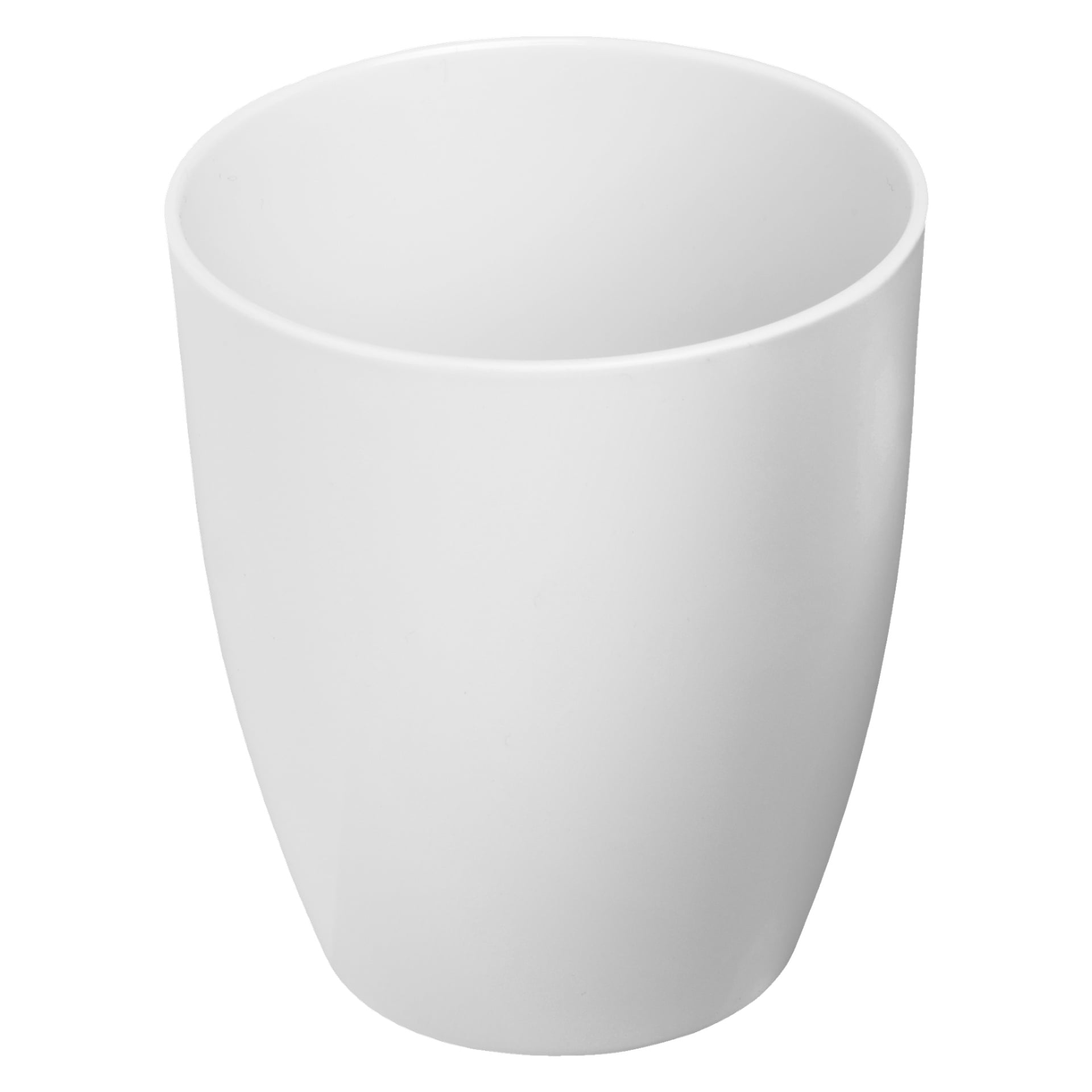 En slät, blank Menuett-mugg gjord av enkel vit keramik. Muggen är tom, saknar handtag och har en enkel, odekorerad design.