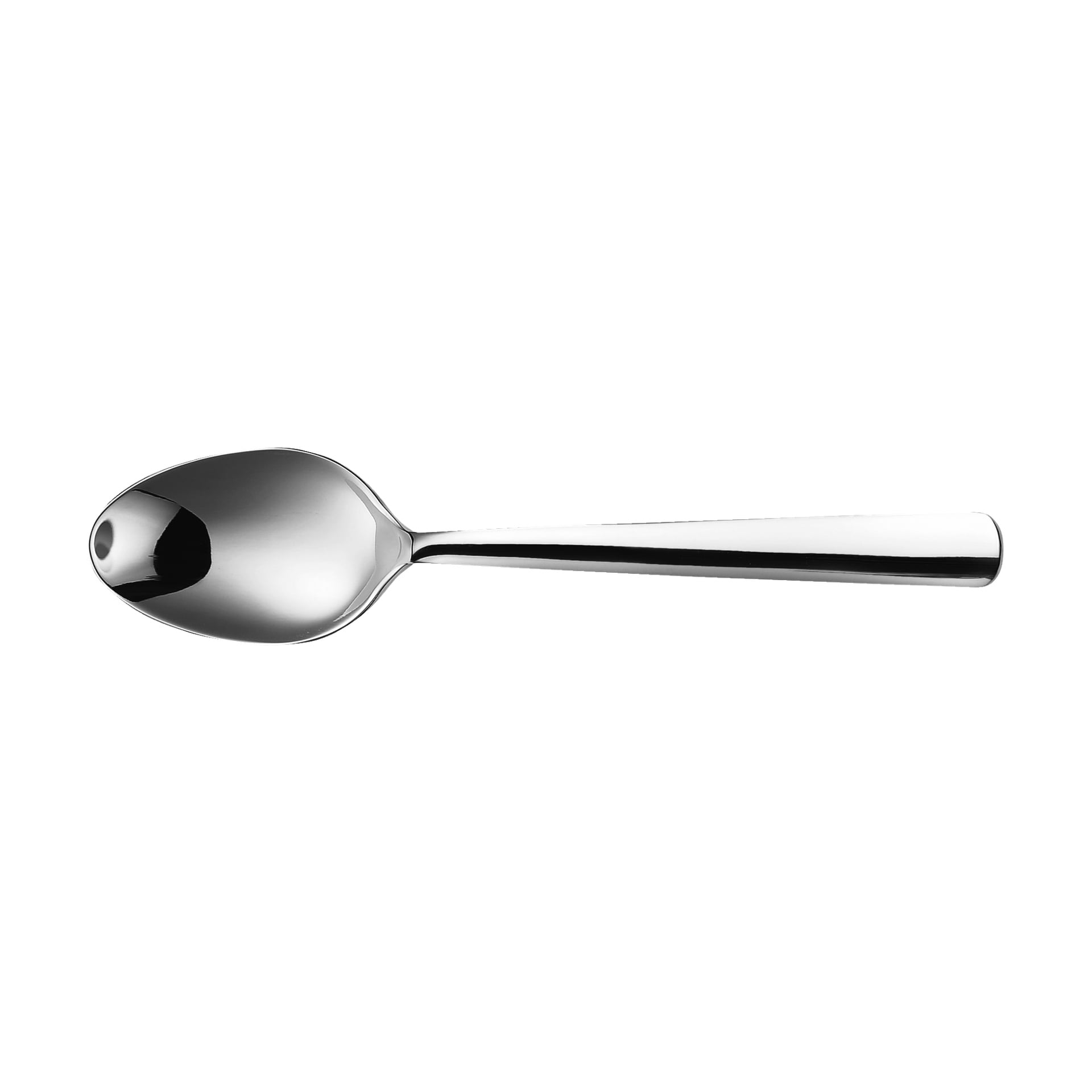 Prezentowana jest smukła łyżka z Fiskars Cutlery Set Functional Form 24, z wykończeniem ze stali nierdzewnej, zaokrągloną, głęboką misą i grubą, prostą rączką.