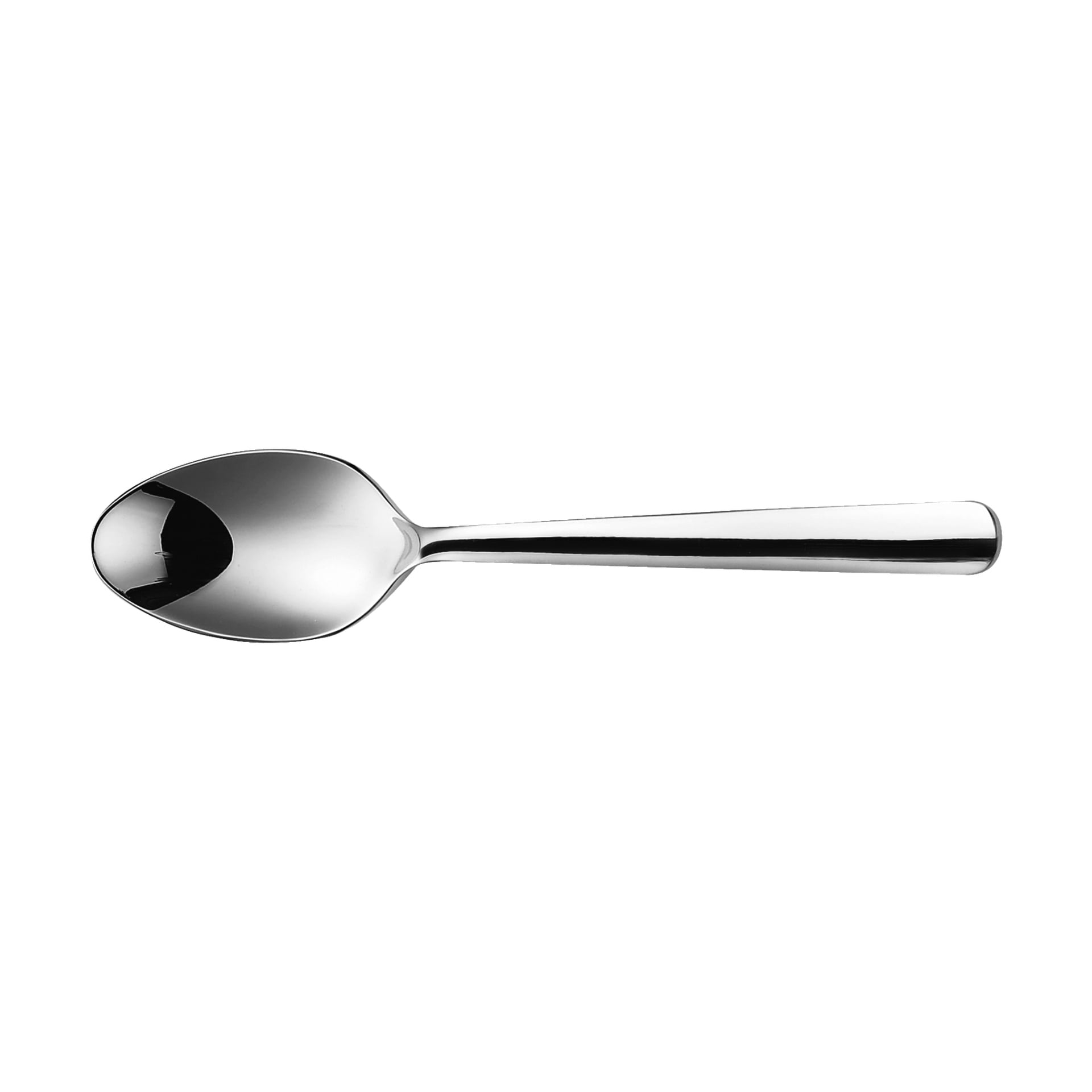 Pokazano łyżkę ze stali nierdzewnej z zestawu Fiskars Cutlery Functional Form 24, z zaokrągloną misą i prostą rączką oraz błyszczącym, refleksyjnym wykończeniem w jasnym świetle.