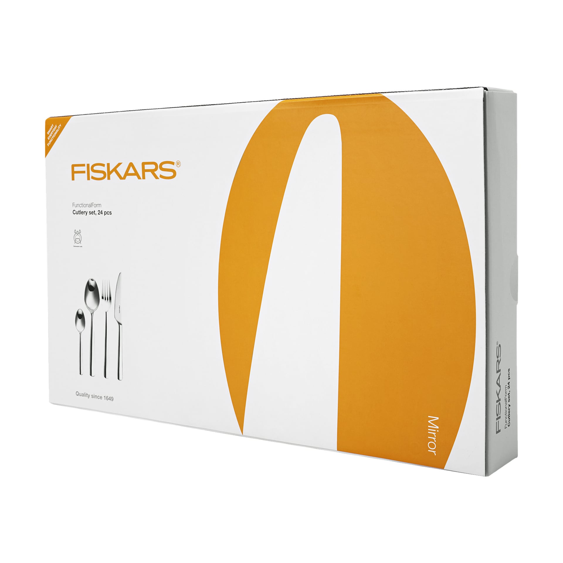 Prostokątne pudełko na sztućce Fiskars Functional Form zawierające 24 elementy, zaprojektowane w pomarańczowym i białym kolorze, z logo Fiskars oraz zdjęciami widelec, noż, łyżki stołowej i łyżeczki umieszczone na froncie.