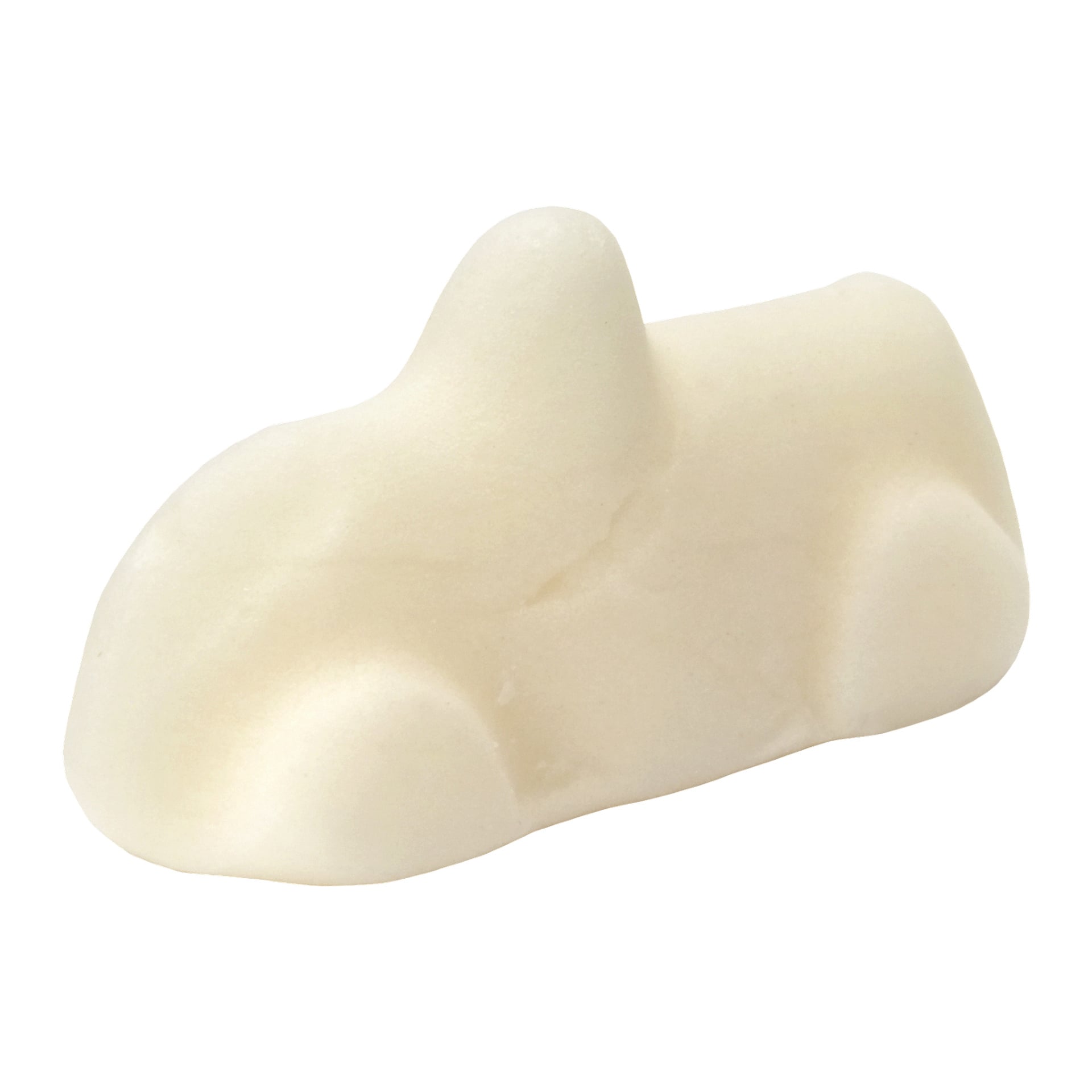Ahlgrens Bilar Original by Cloetta är en vit, blank godis formad som en förenklad bil, med böjda kanter och ett subtilt upphöjt område där förarsätet skulle vara.