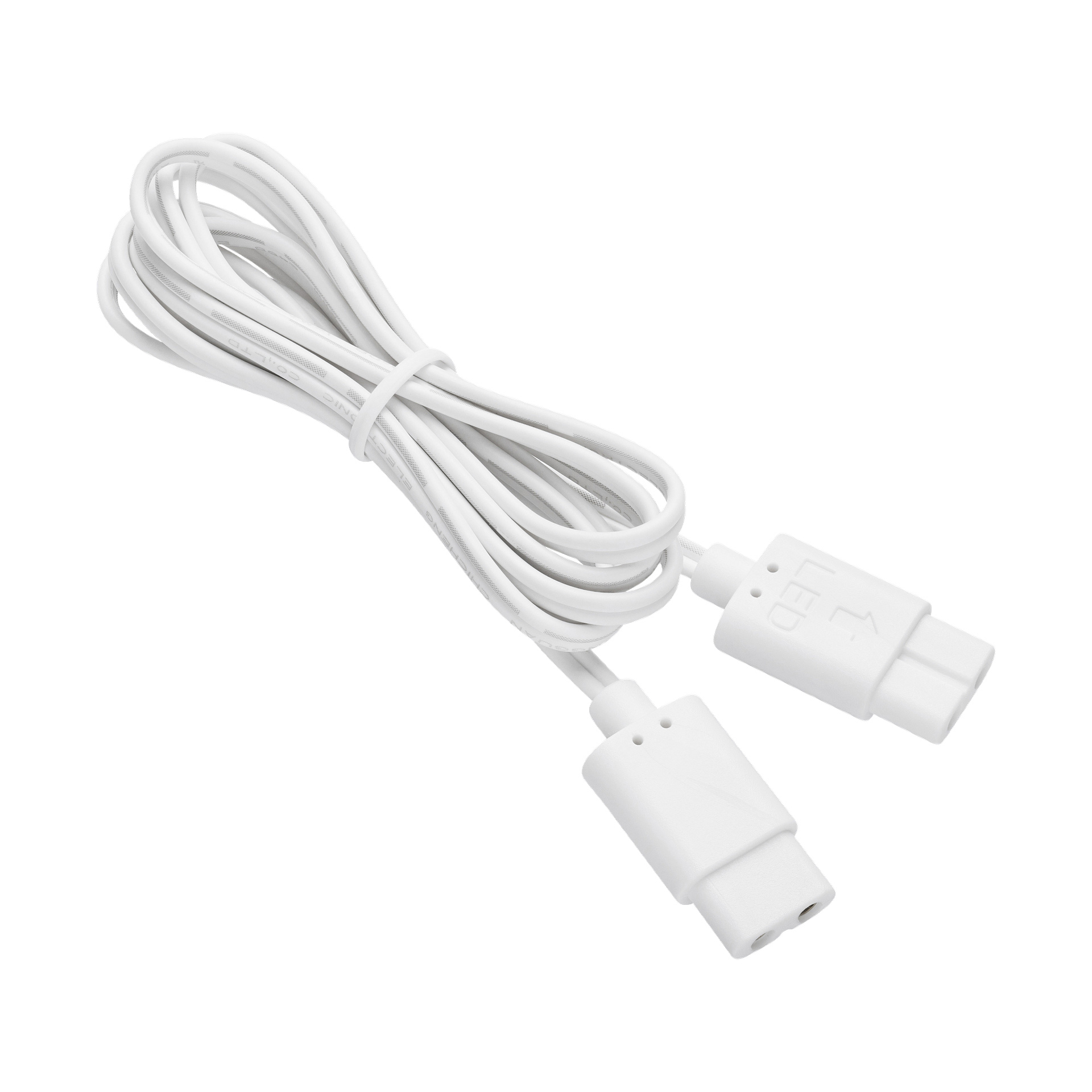 En prydligt spiralad vit Anslut Connection-kabel hålls med en vridband, med två honkontakter i ena änden och en enda hankontakt i motsatt ände.