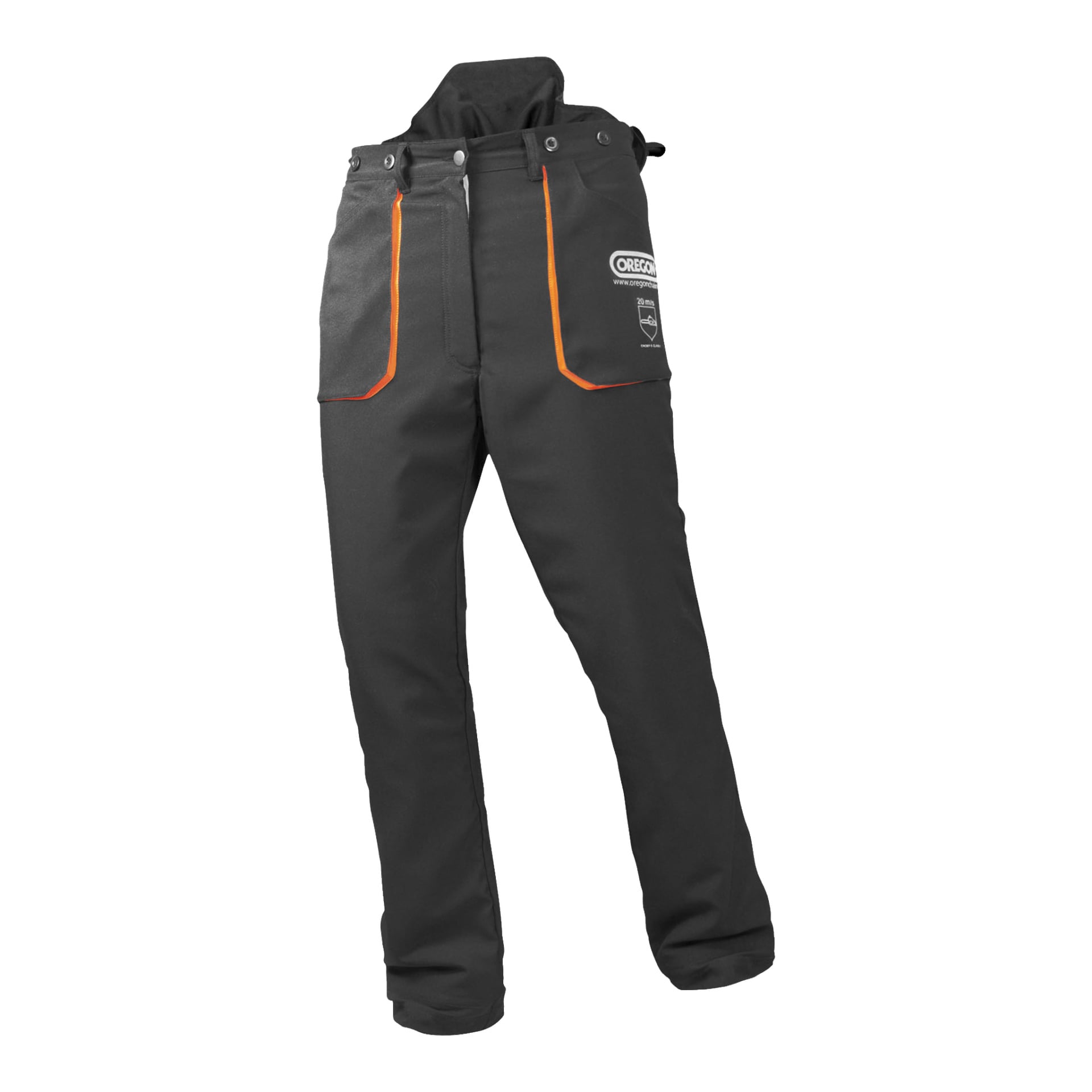 Svarta kraftiga Yukon Saw Protection Trousers från Oregon med orange detaljer, framfickor och en OREGON-logga på övre högra låret.
