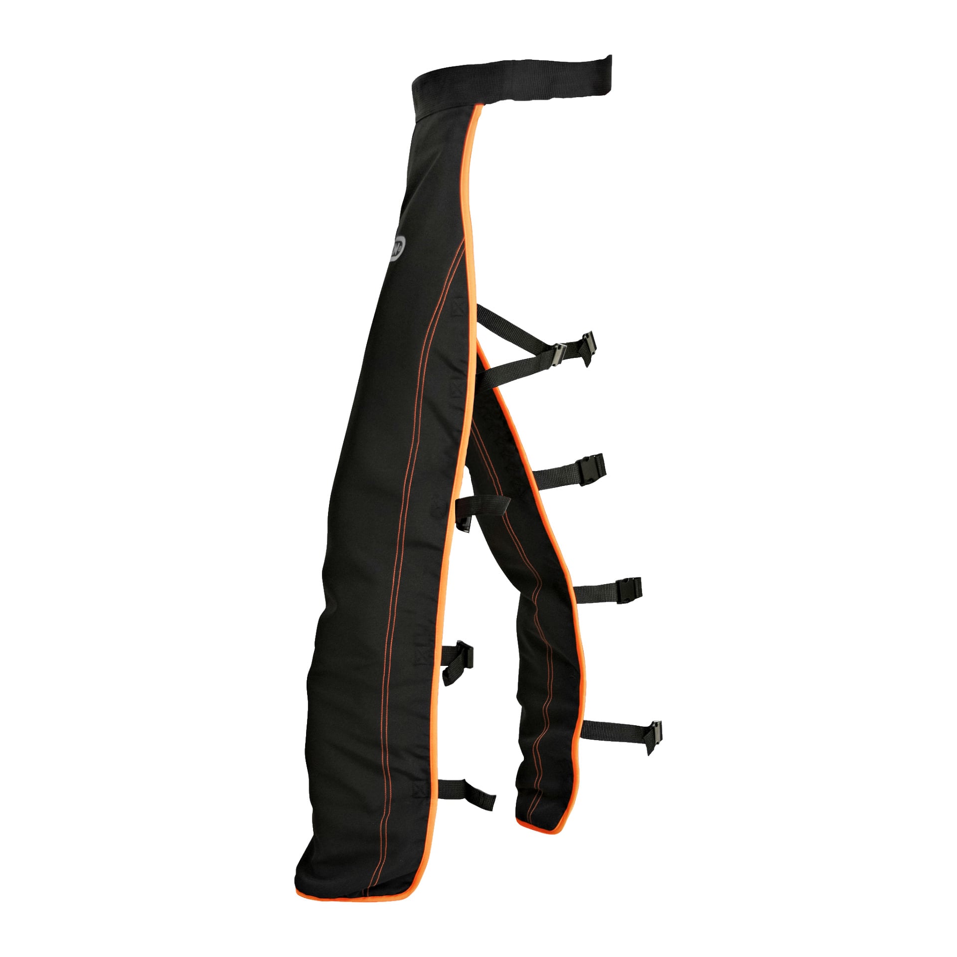 Svarta skyddande Oregon-leggings har orange kant och fyra justerbara spänneband, avsedda att bäras på benen för extra säkerhet vid uppgifter som att använda motorsåg.