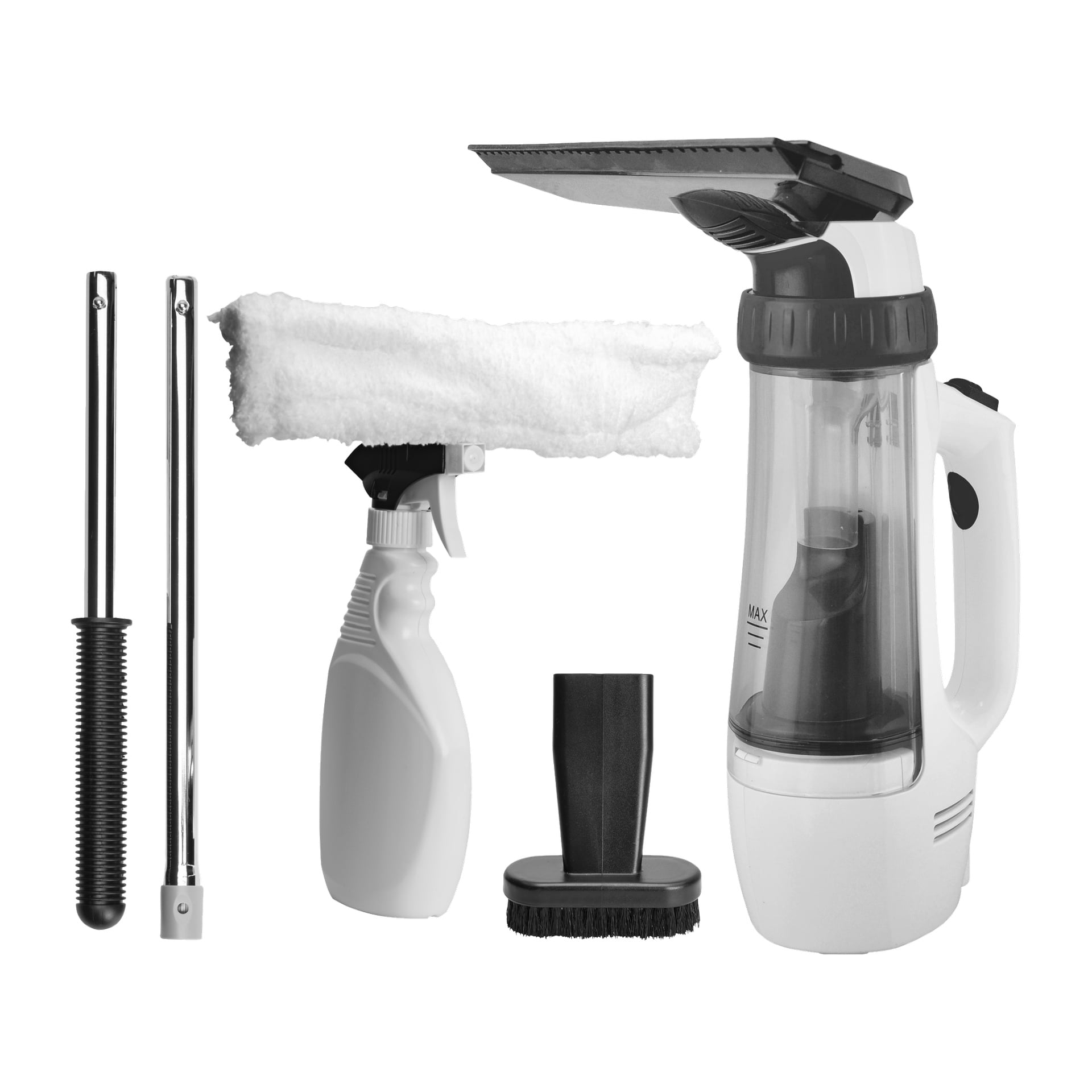 Menuett Window Cleaner 2-i-1" käsikäyttöinen sähköinen ikkuna-imuri, jossa on squeegee-kalvo, suihkepullo mikrokuituliinalla, kaksi jatkopylvää ja harjakiinnike.