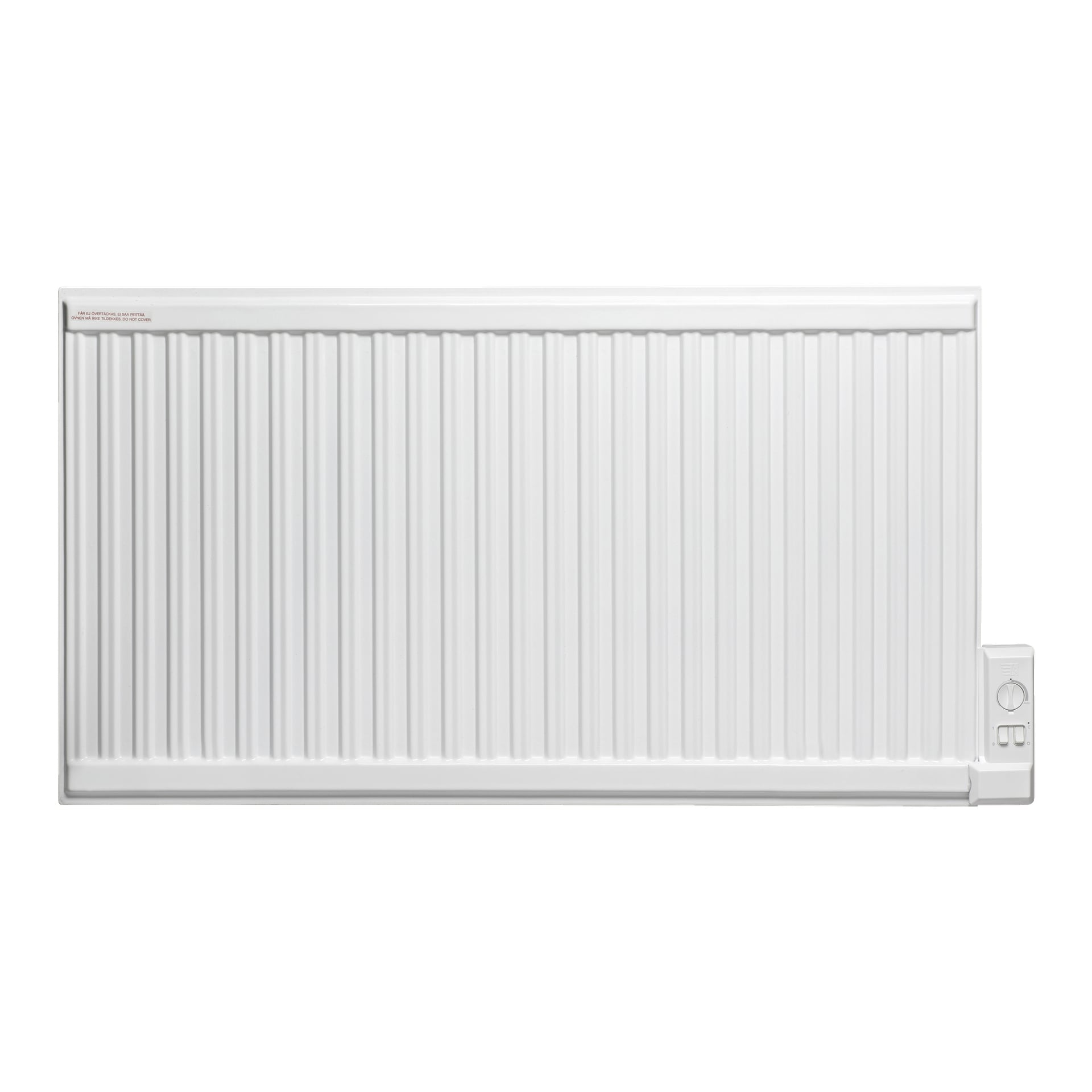 En vit rektangulär oljefylld elektrisk radiator från Gnosjo Klimat är byggd för väggmontering, med vertikala spår över ytan och en kontrollpanel längst ner till höger utrustad med en ratt och två strömbrytare.