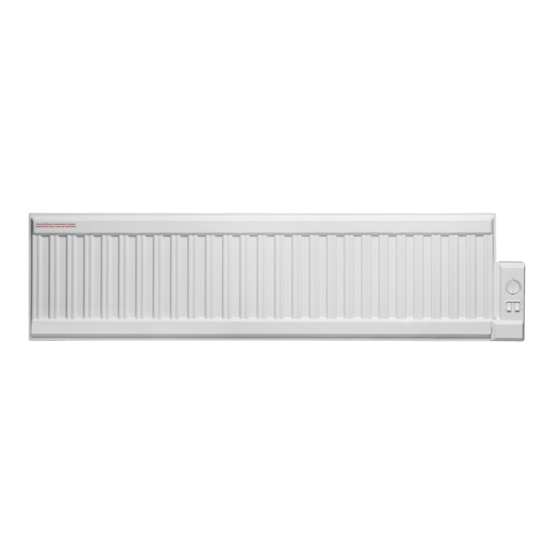 En vit Gnosjo Klimat oljefylld elektrisk radiator designad för horisontell väggmontering, med vertikala åsar, en kontrollratt och två strömbrytare placerade på höger sida.