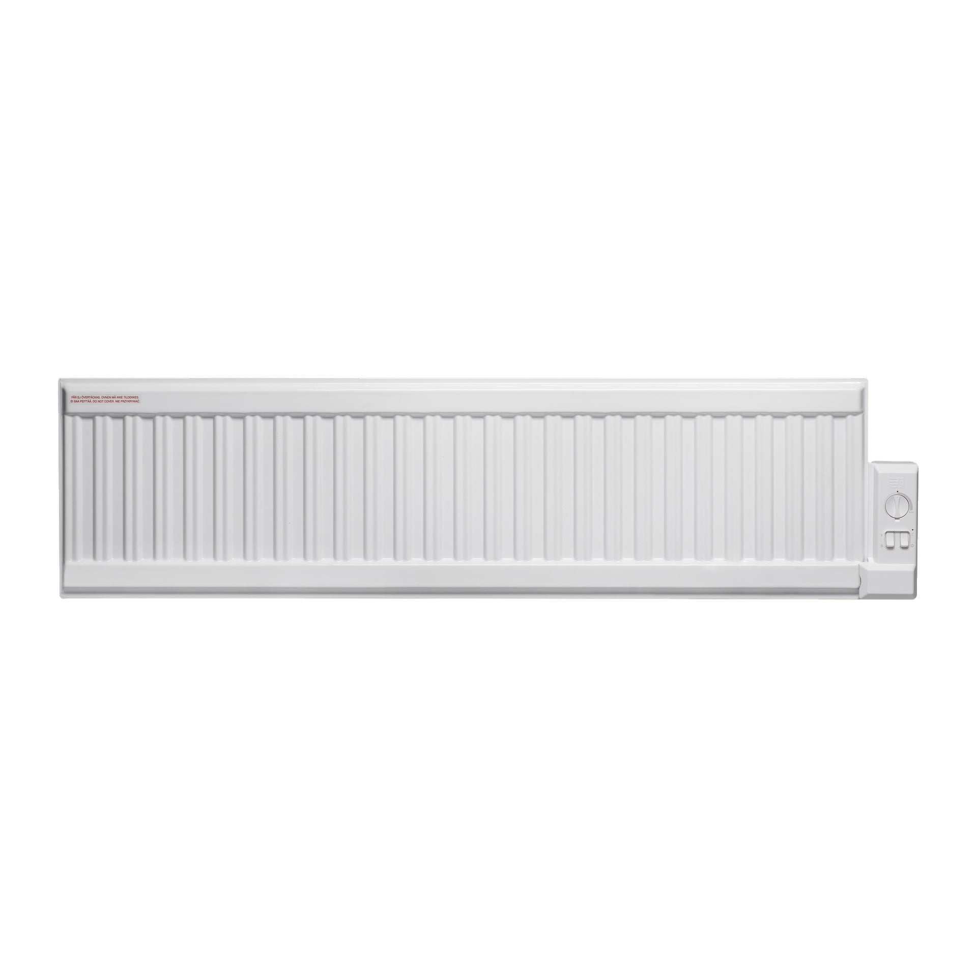 En Gnosjo Klimat oljefylld elektrisk radiator med en horisontell, vit panel med vertikala åsar och en kontrollratt samt två strömbrytare placerade på höger sida.