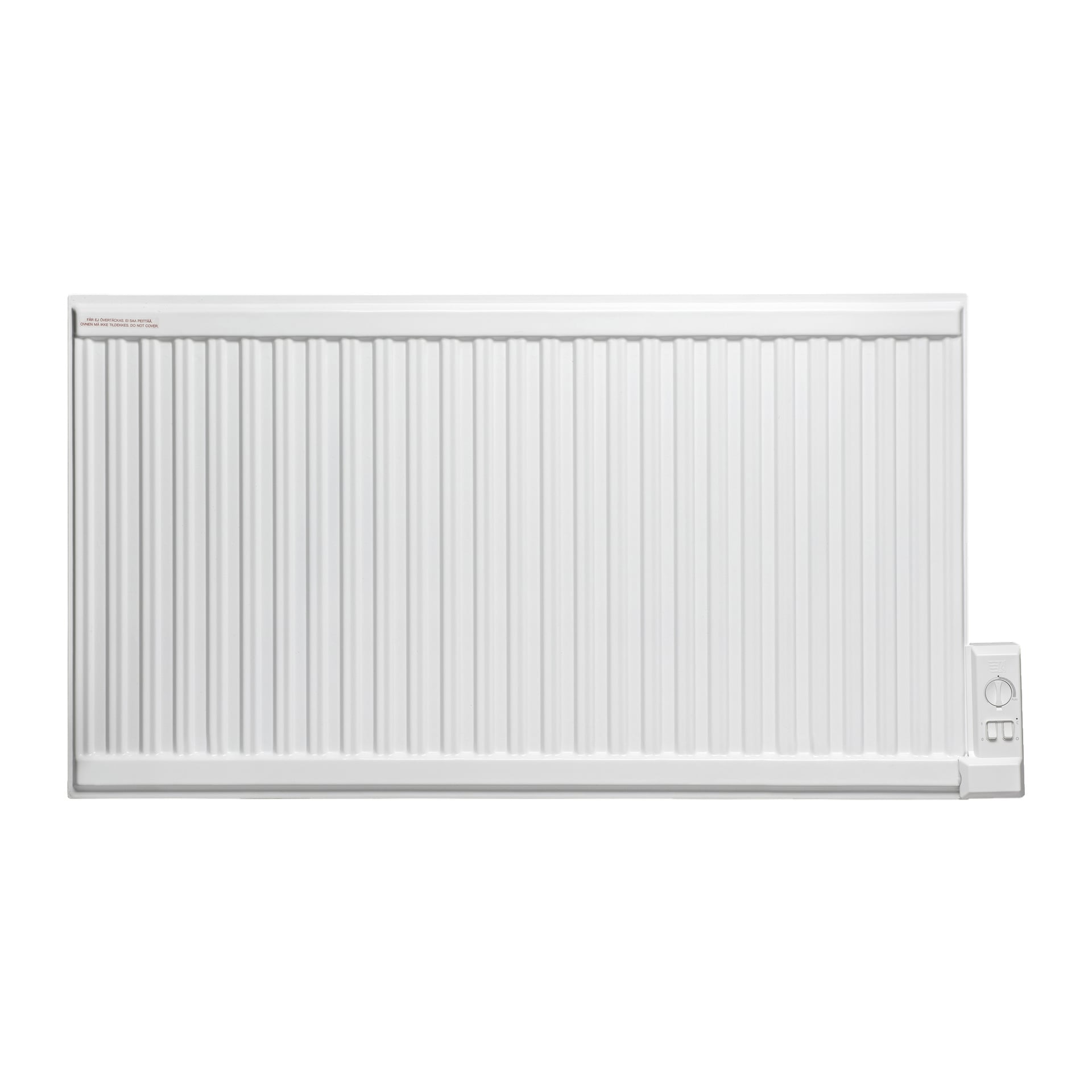 En Gnosjo Klimat oljefylld elektrisk radiator med en rektangulär vit form, vertikala åsar, en temperaturkontrollratt och två strömbrytare placerade på nedre högra sidan.