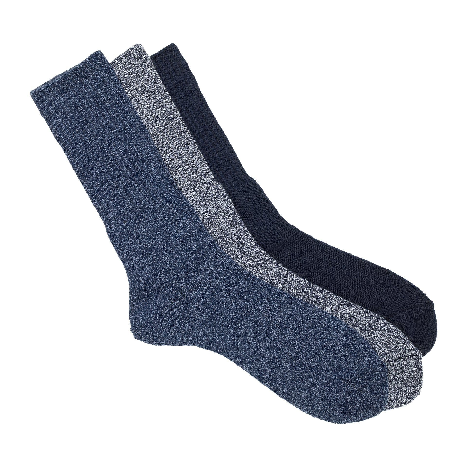 Tre par Bluewear Denim crew-strumpor är staplade, med enfärgade blå, lundig grå och mörk marinblå färger.