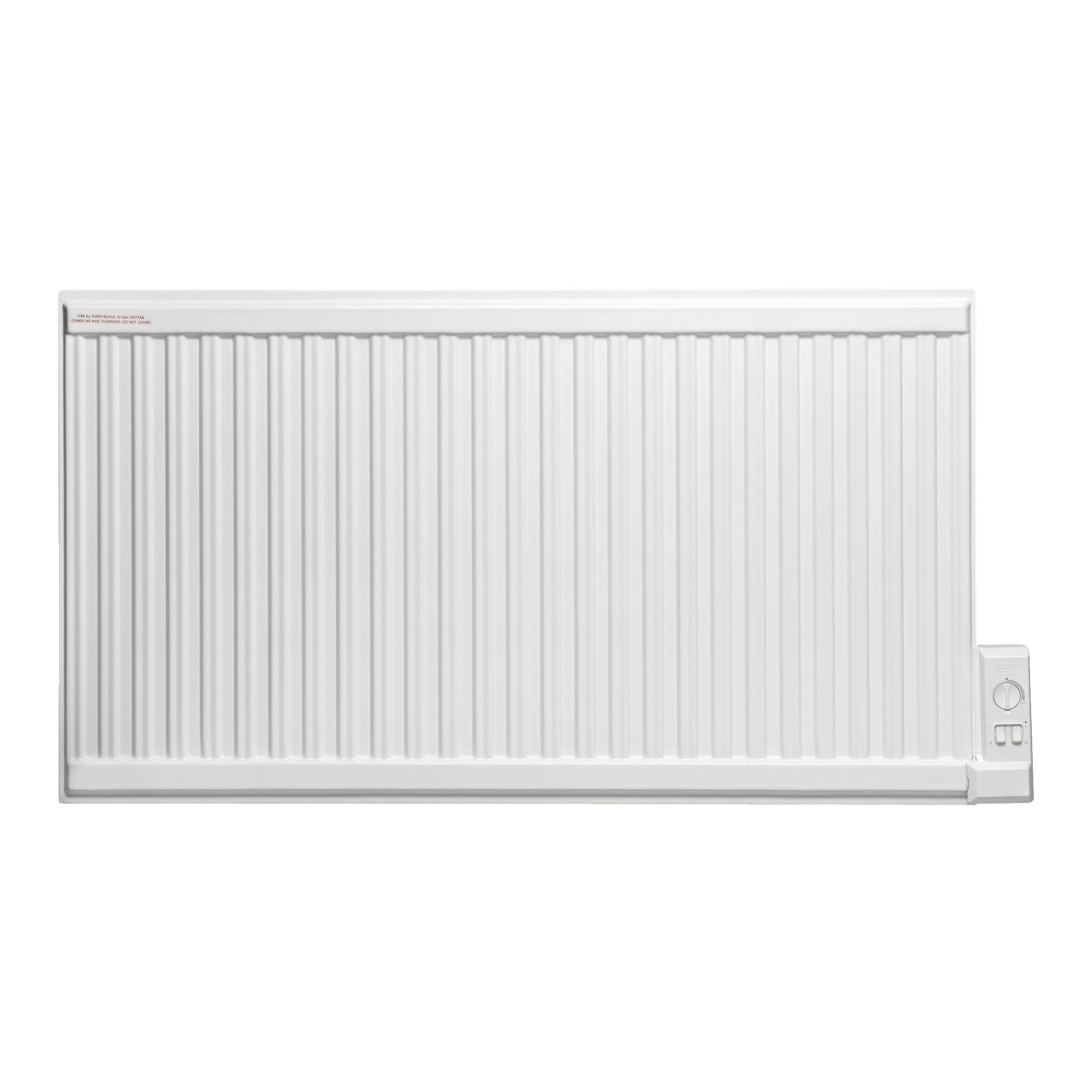 En hvit oljefylt elektrisk radiator fra Gnosjo Klimat med vertikale riller og et kontrollpanel nederst til høyre er montert på veggen.