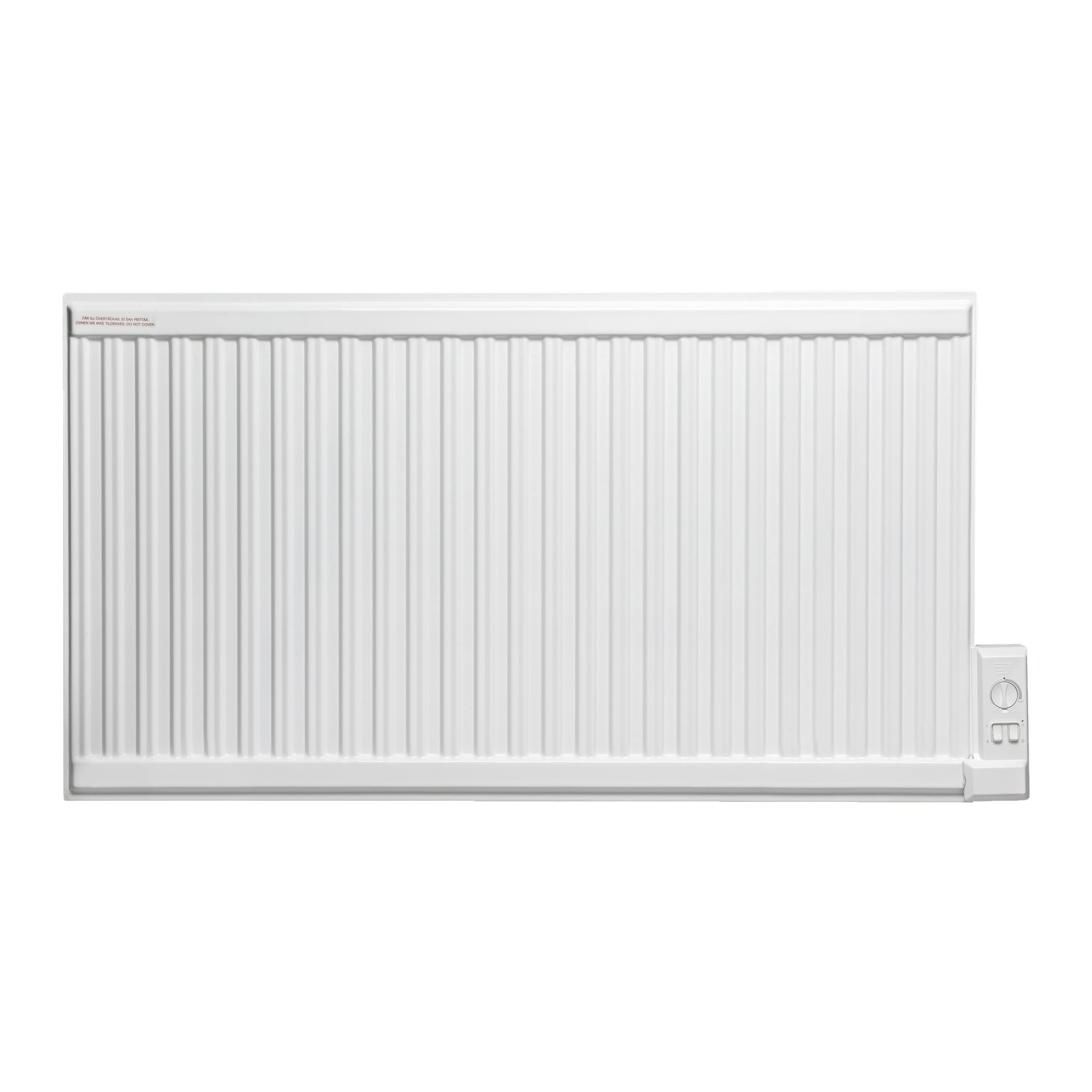 En väggmonterad, vit oljefylld elektrisk radiator med rektangulär form, designad av Gnosjo Klimat. Den har vertikala spår och en kontrollpanel med en ratt och flera knappar placerade i nedre högra hörnet.