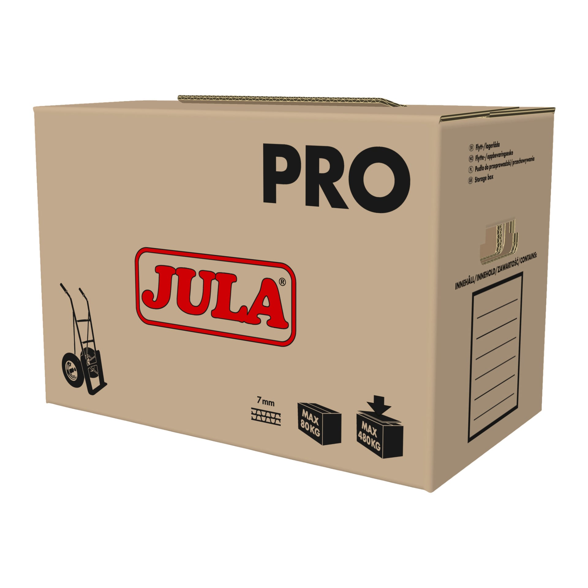 Ruskea pahvista valmistettu Moving box Pro -malli, jossa oli näkyvä punainen Jula-logo, käsikärryn kuvakkeet, painorajat 80 kg ja 40 kg sekä musta tarkistuslista painettuna oikealle puolelle.