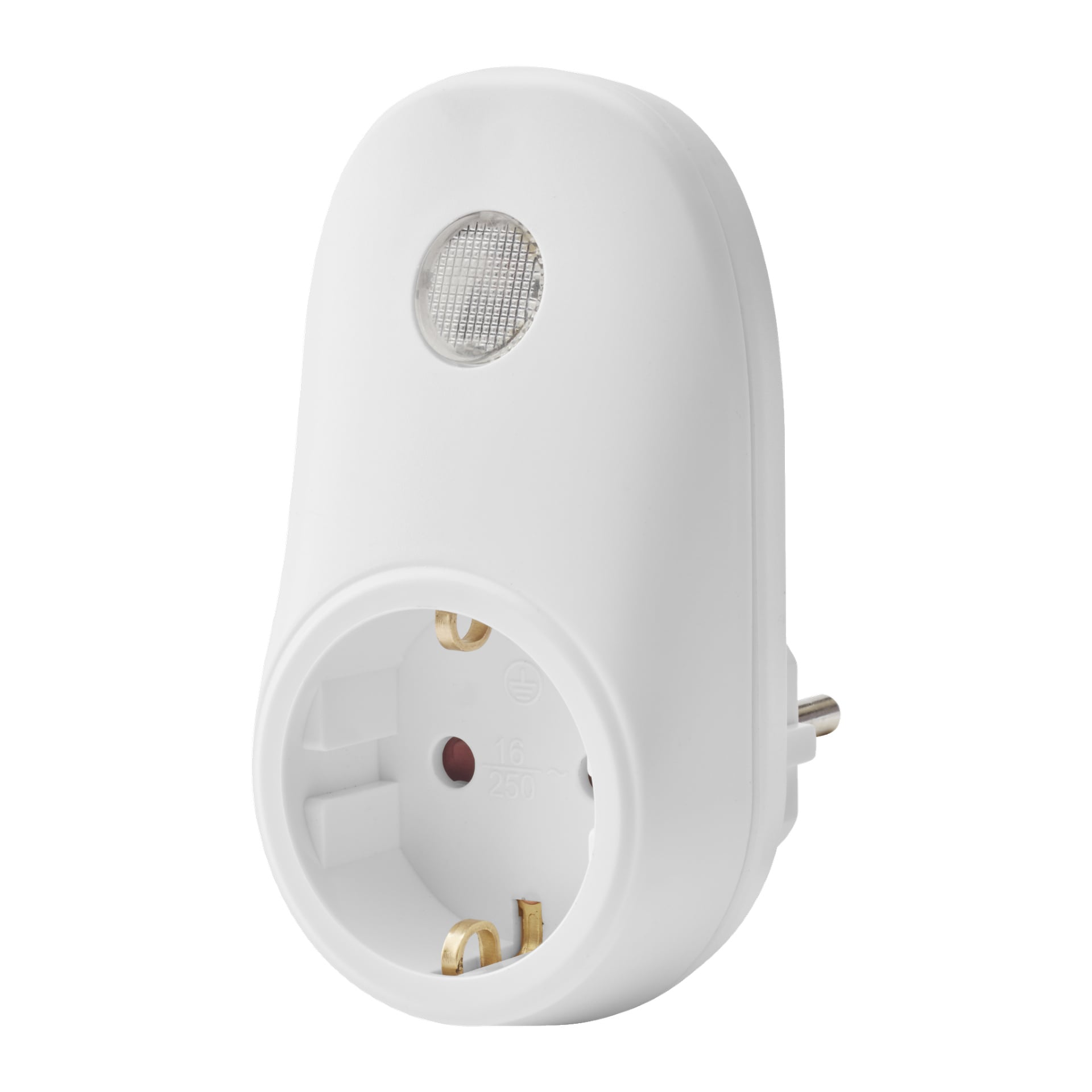 En europeisk vit Anslut Twilight-sensoradapter med ett runt uttag med guldkontakter, en liten cirkulär sensor eller indikator ovanför uttaget och två runda stift som sträcker sig från sidan.