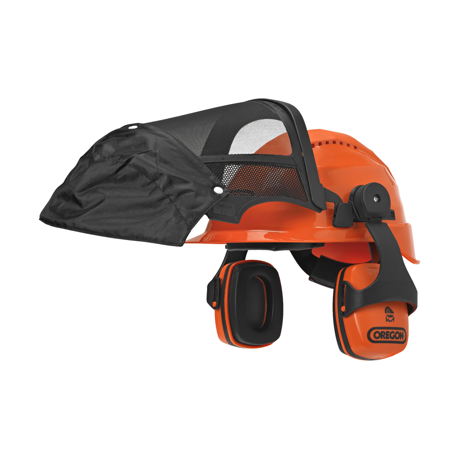 Oregon Safety Helmet Set Waipoua inkluderar en livfull orange hjälm utrustad med svart mesh-ansiktsskydd, orange och svarta öronmuffar med Oregon-logotypen samt en svart tyghuva som delvis döljer vispen.