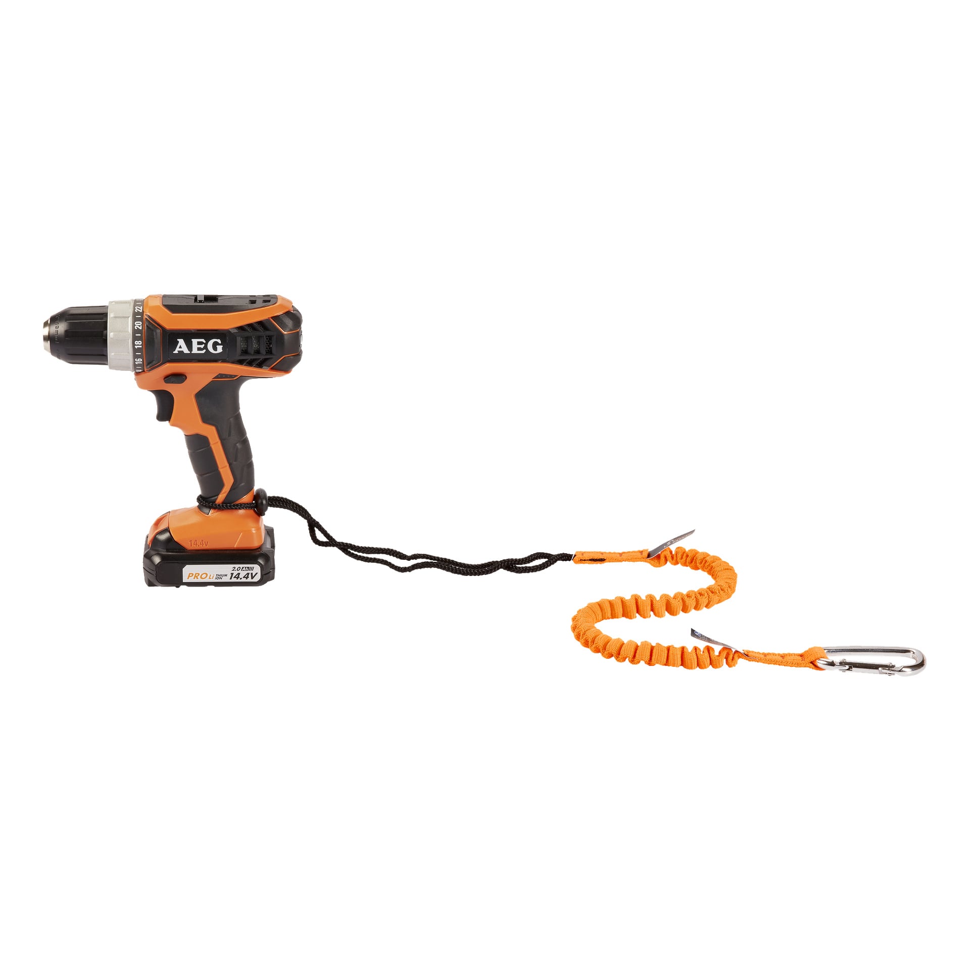 Ett säkerhetsband från Kratos Tool är fäst i botten av en orange och svart sladdlös borrmaskin, med en metallkarbinhake i änden.