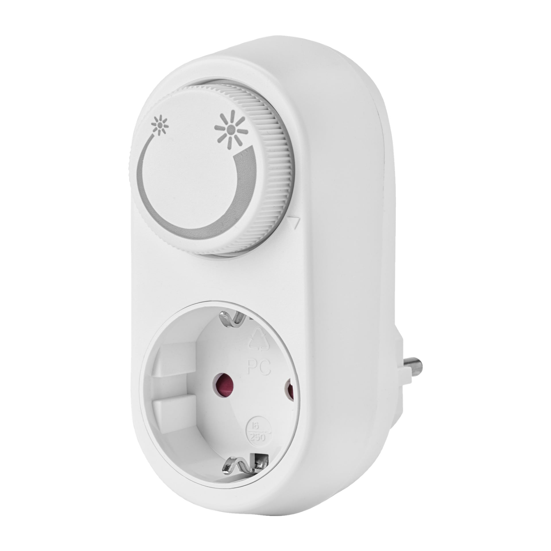 Valkoinen Anslut Dimmer, jossa on näkyvä pyöreä taulu, jossa näkyy auringon ja kuun symbolit tavallisen eurooppalaisen pistorasian yläpuolella.