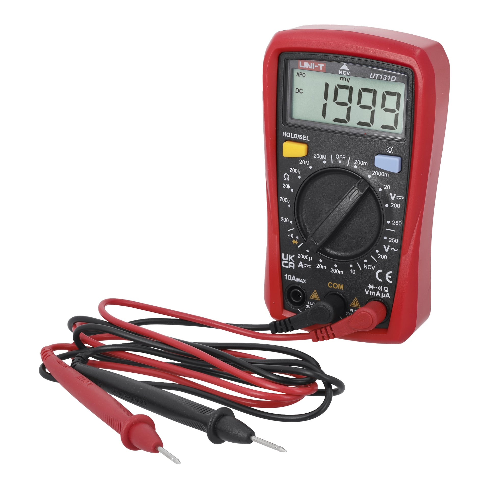 Uni-Trend Multimeter har en röd och svart kropp, visar 1999 på displayen och inkluderar röda och svarta sonder och en vridratt.