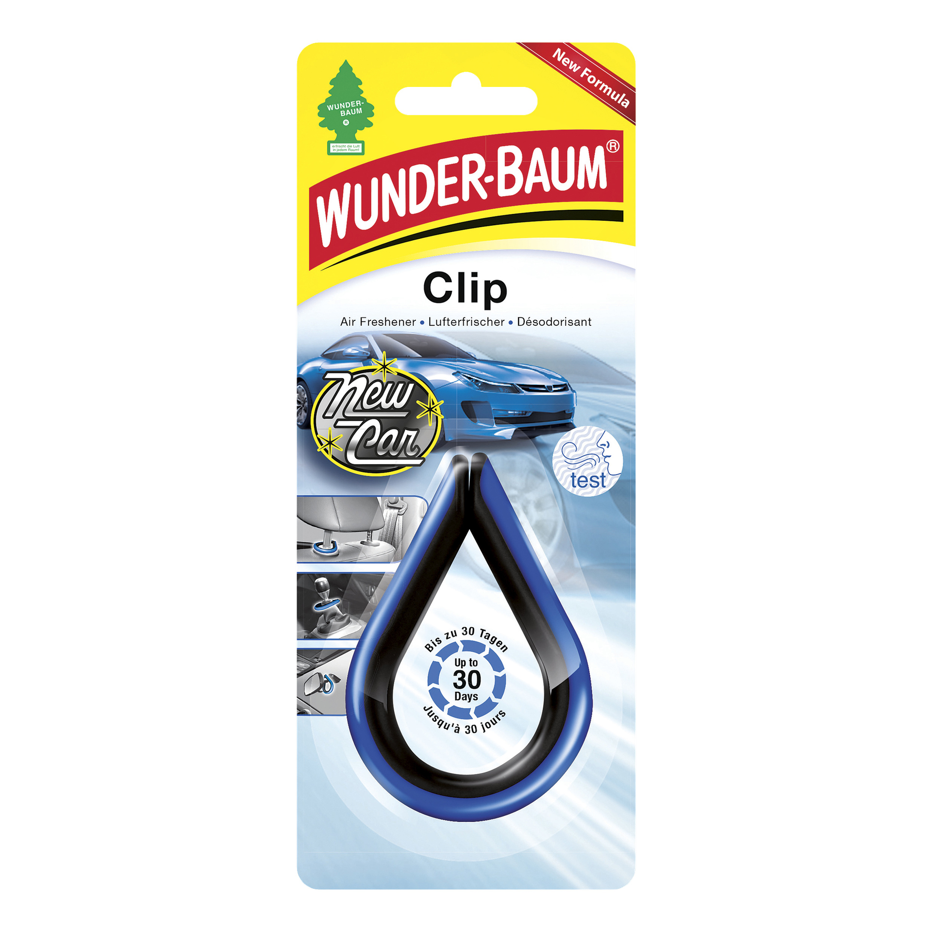 Klips Wunder Baum Air Freshener w zapachu New Car znajduje się w opakowaniu i charakteryzuje się czarno-niebieskim wzorem w kształcie łezki. Na etykiecie jest napisane, że utrzymuje świeżość miejsc do 30 dni. Na opakowaniu znajduje się także zdjęcie niebieskiego samochodu wraz z ikonami sugerującymi możliwe zastosowania.