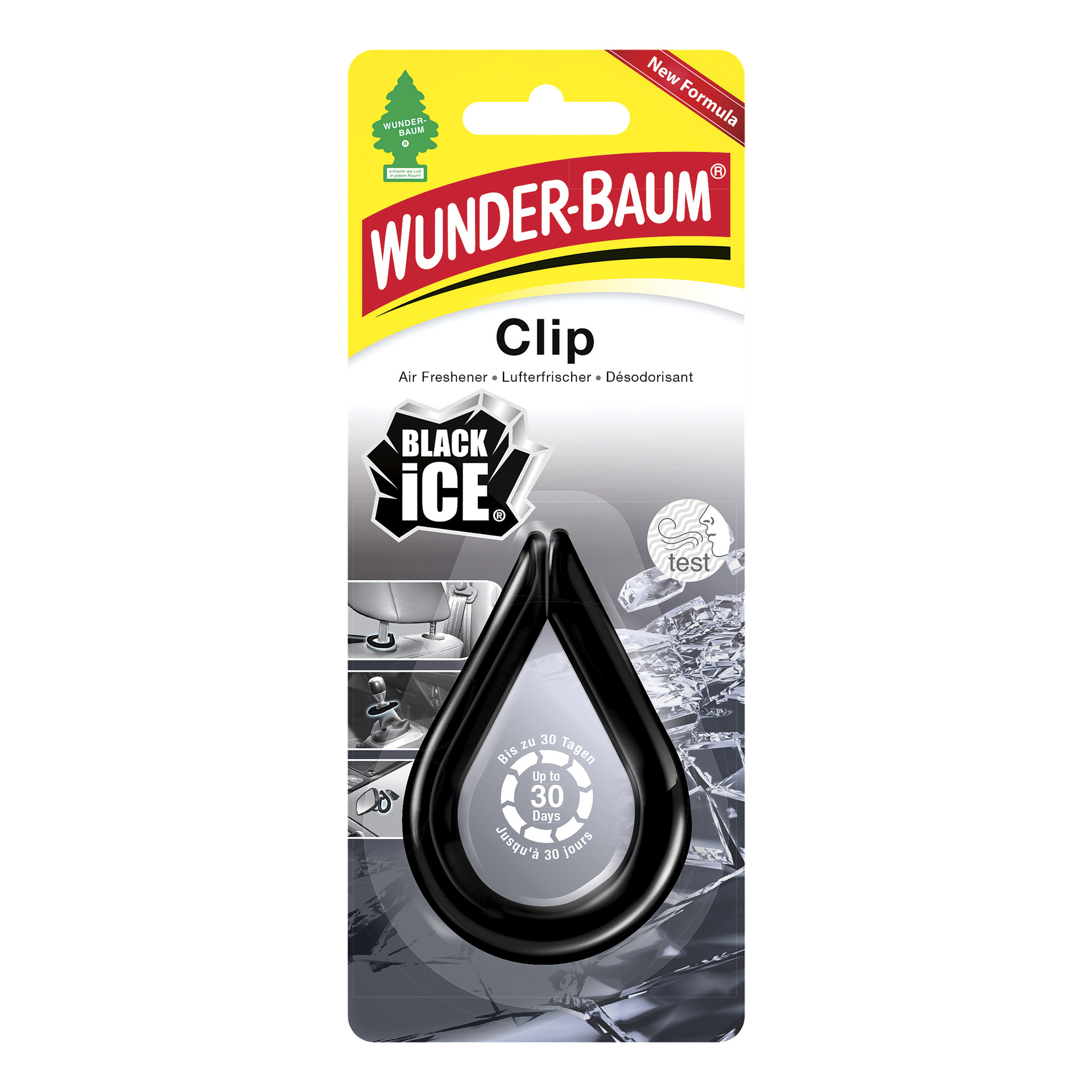 Wunder-Baum Clip Clip do odświeżania powietrza w kolorze Black Ice ma stylowy kształt łezki i jest zamknięty w blisterze w kolorach żółtym, czerwonym i białym. Opakowanie reklamuje świeżość do 30 dni i w prawym górnym rogu widnieje napis "Nowa Formuła".