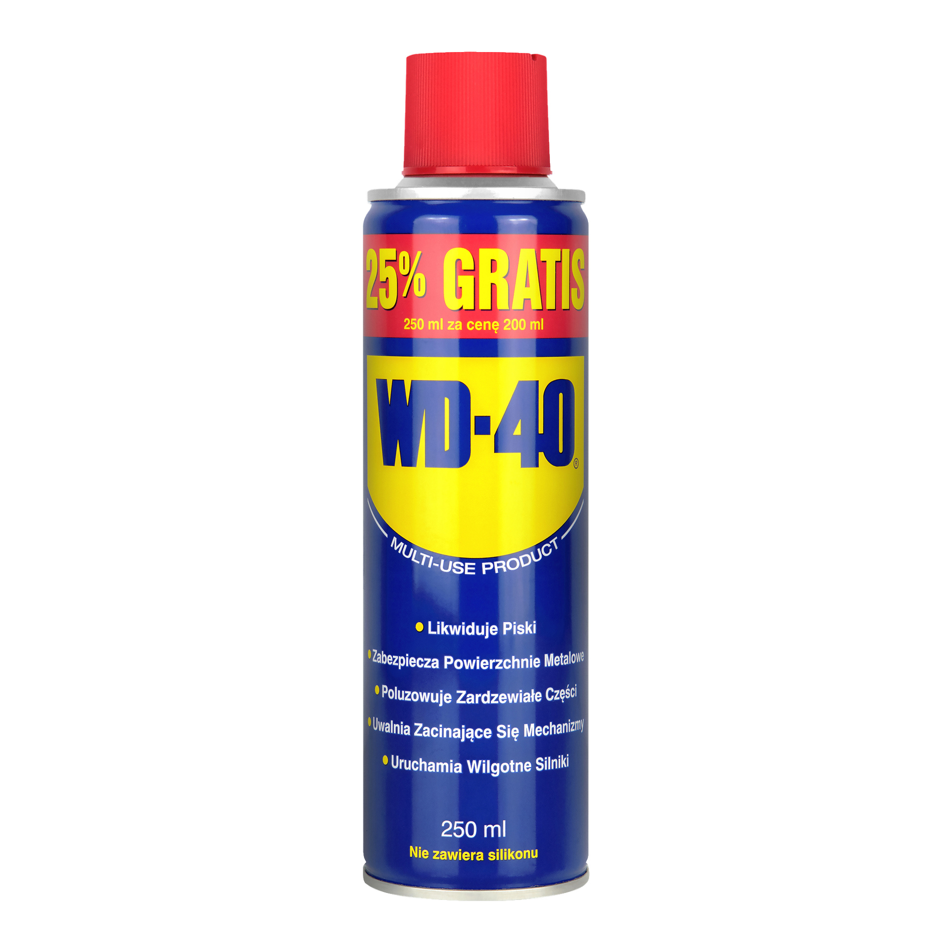 Puszka 250ml sprayu WD-40 Multi-purpose z etykietą z promocją 25% ekstra gratis. Puszka posiada niebiesko, żółte i czerwone oznaczenia WD-40 oraz listę zastosowań.