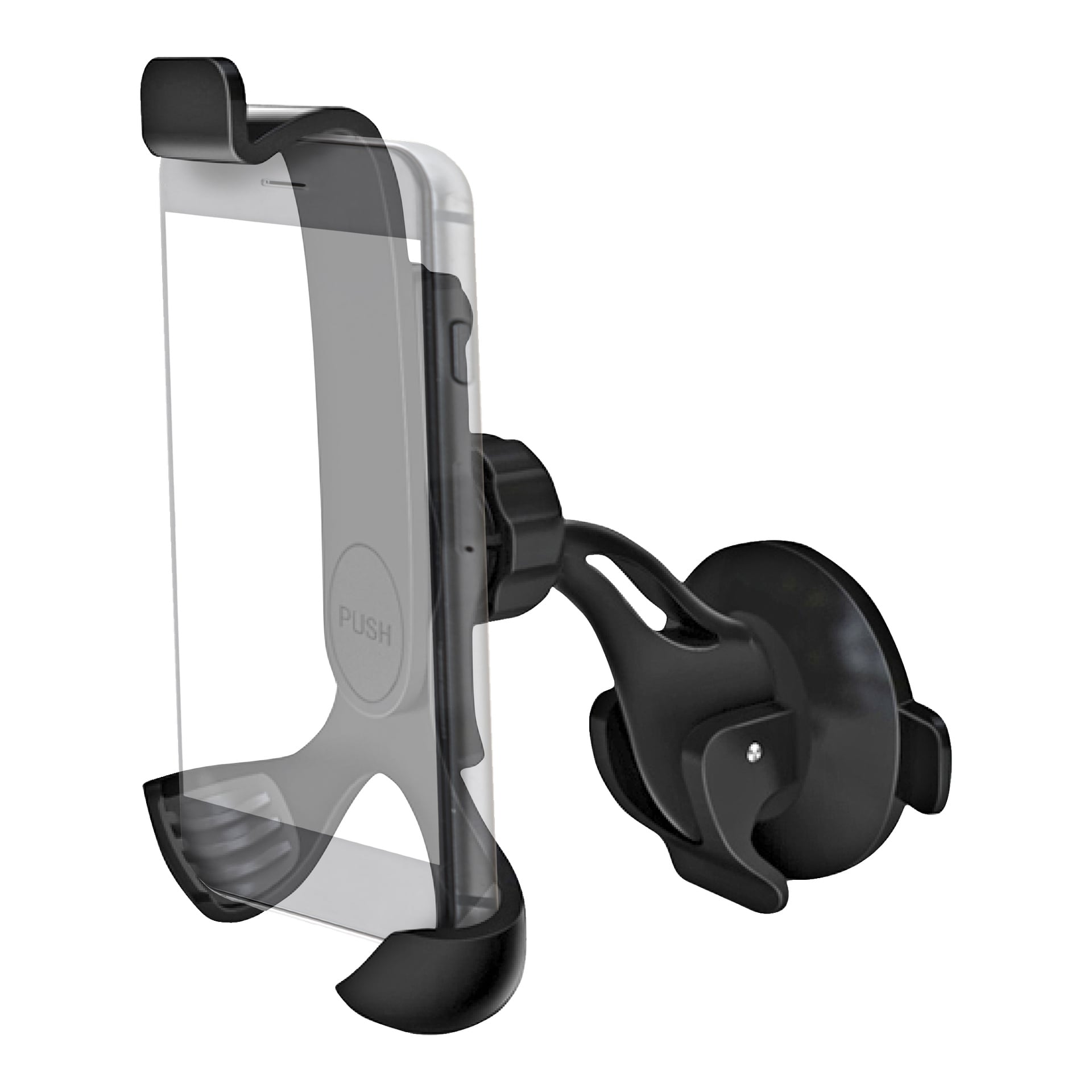 Der Marquant Universal Halter ist eine Autohandyhalterung aus schwarzem Kunststoff mit Saugnassbasis und verstellbarem Griff. Sie hält Ihr Smartphone auf verschiedenen Oberflächen aufrecht und sicher, mit dem Text Marquant Universal Halter.