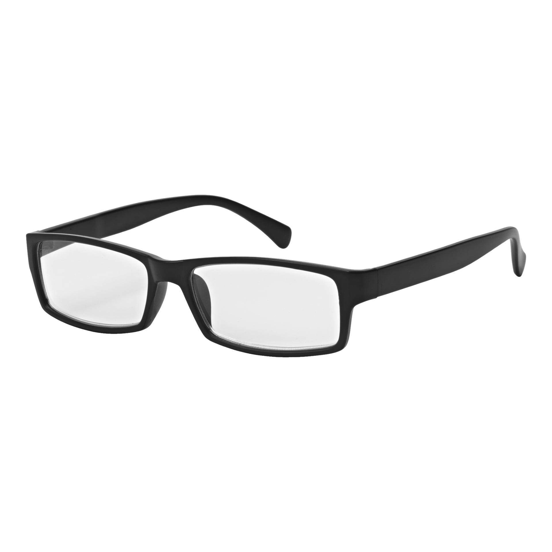 Ett 3-pack Kayoba Reading-glasögon har svarta rektangulära bågar med klara glas, arrangerade i en vinkel för att avslöja framsidan och delar av tinningarna.