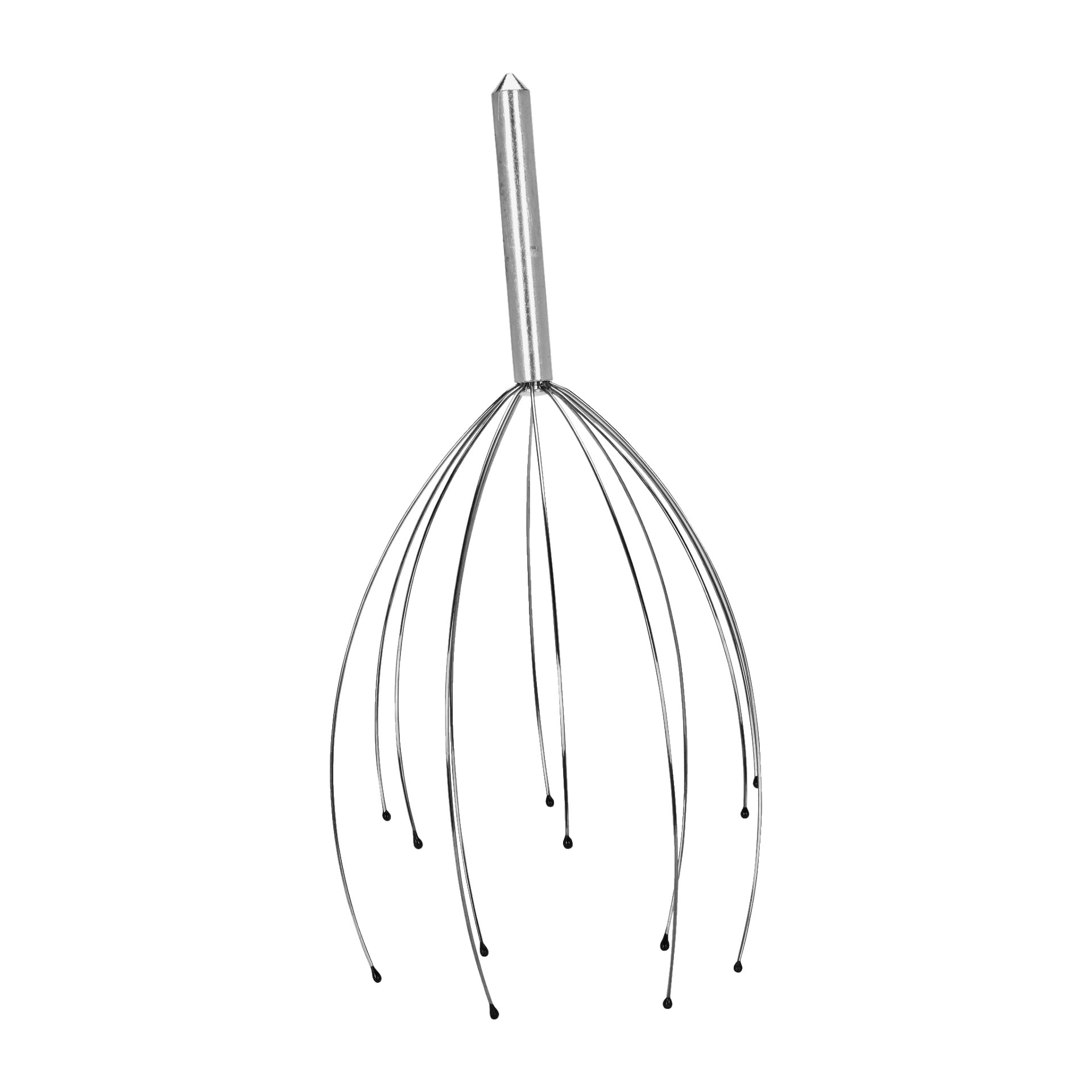 Menuett Head Massager har ett handhållet, cylindriskt handtag och flera långa, flexibla metallstift som slutar i små svarta spetsar. Den är gjord för att massera hårbotten och uppmuntra avslappning.