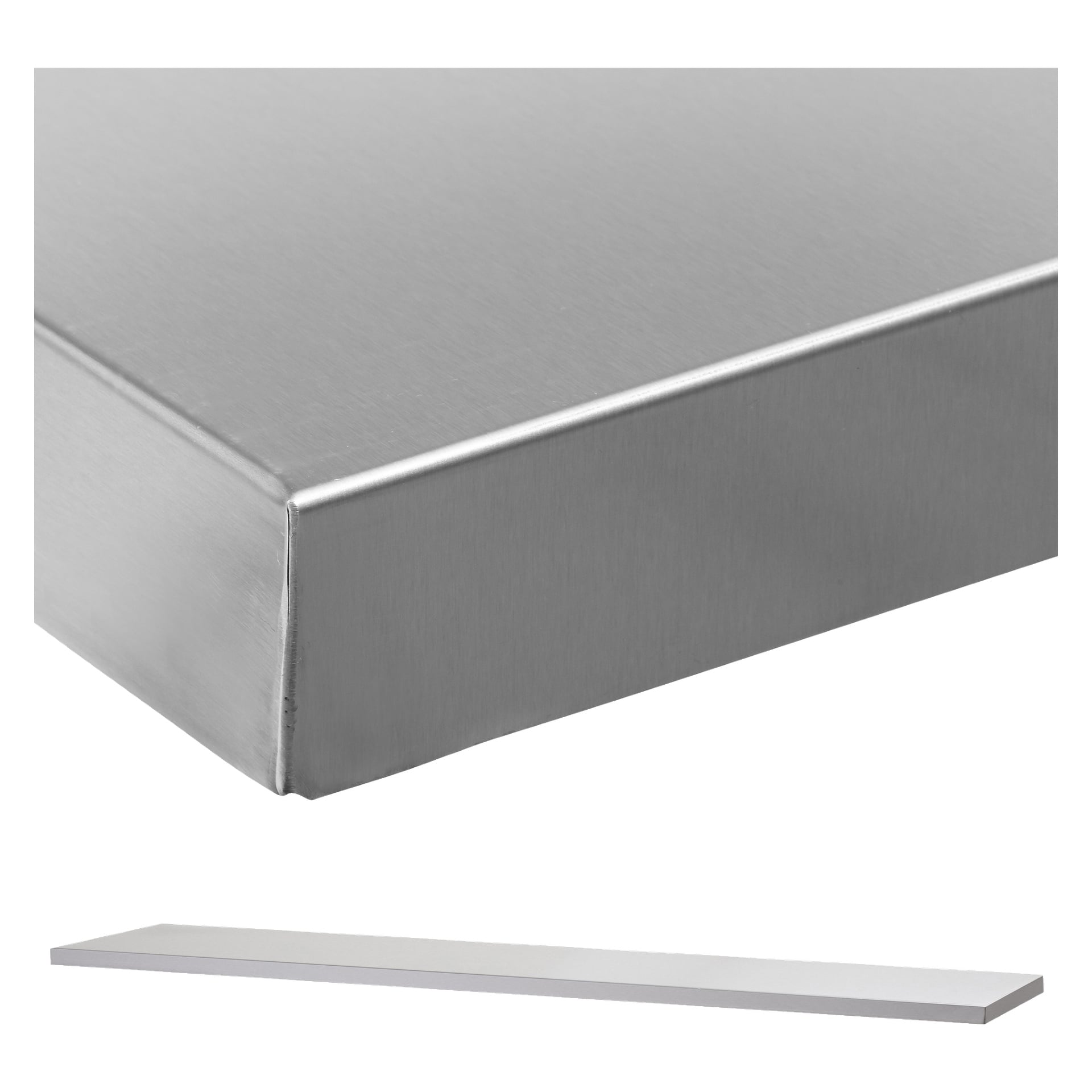 Szczegółowe zbliżenie na stalowy róg półki Hard Head Worktop, podkreślające szczotkową powierzchnię i czyste, ostre linie. Poniżej mniejszy obraz przedstawia pełną długość blatu.
